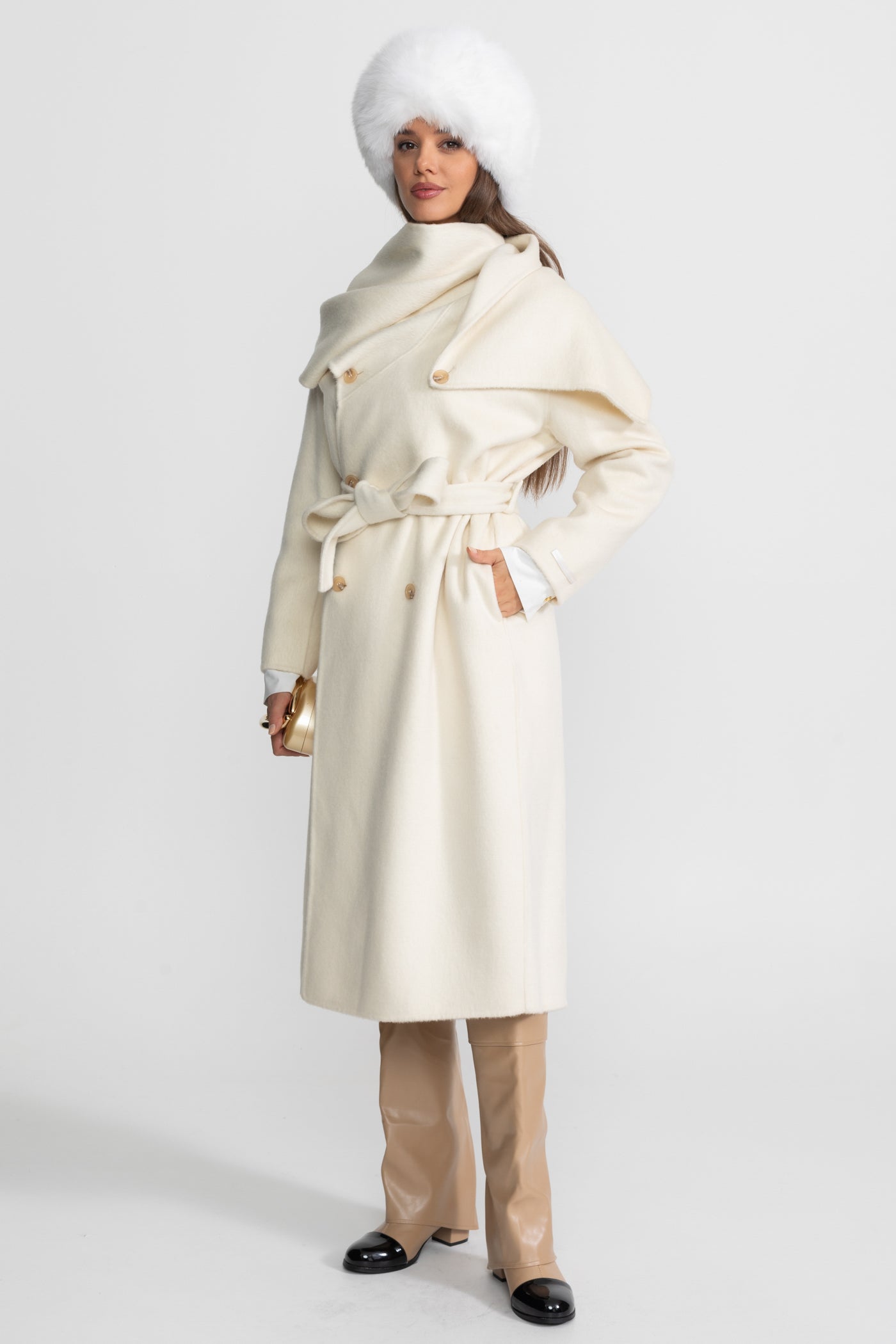 Midi Coat with Oversized Scarf Collar - Beige