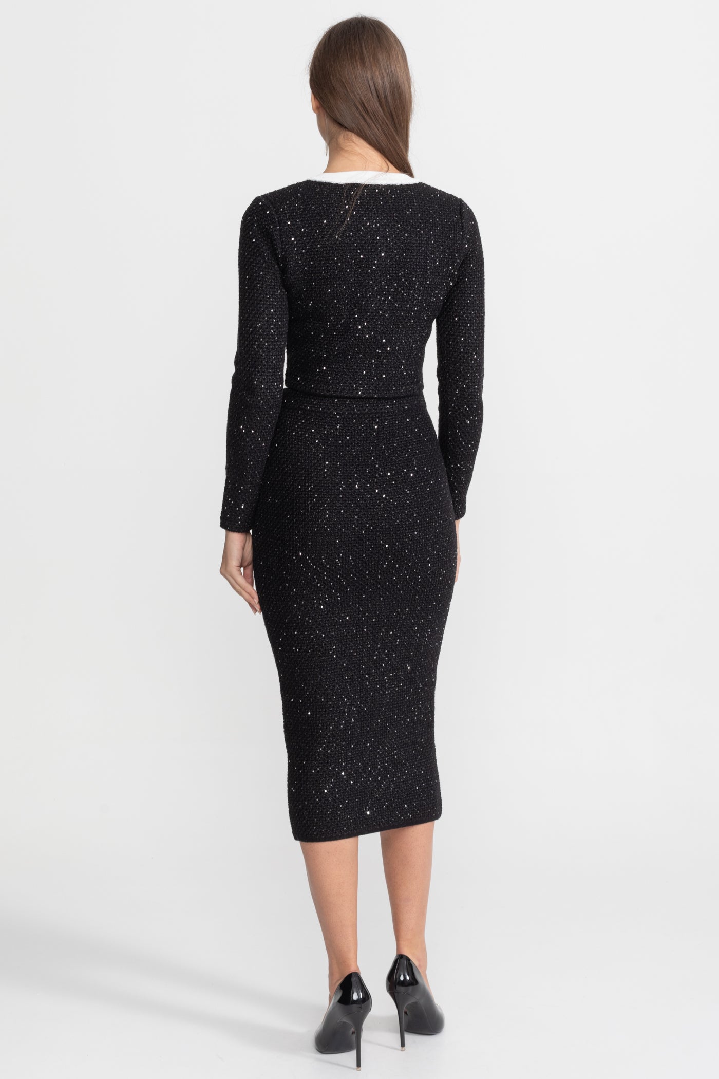 Completo Coordinato in Maglia di Tweed Ricamato con Rifiniture a Contrasto – Nero