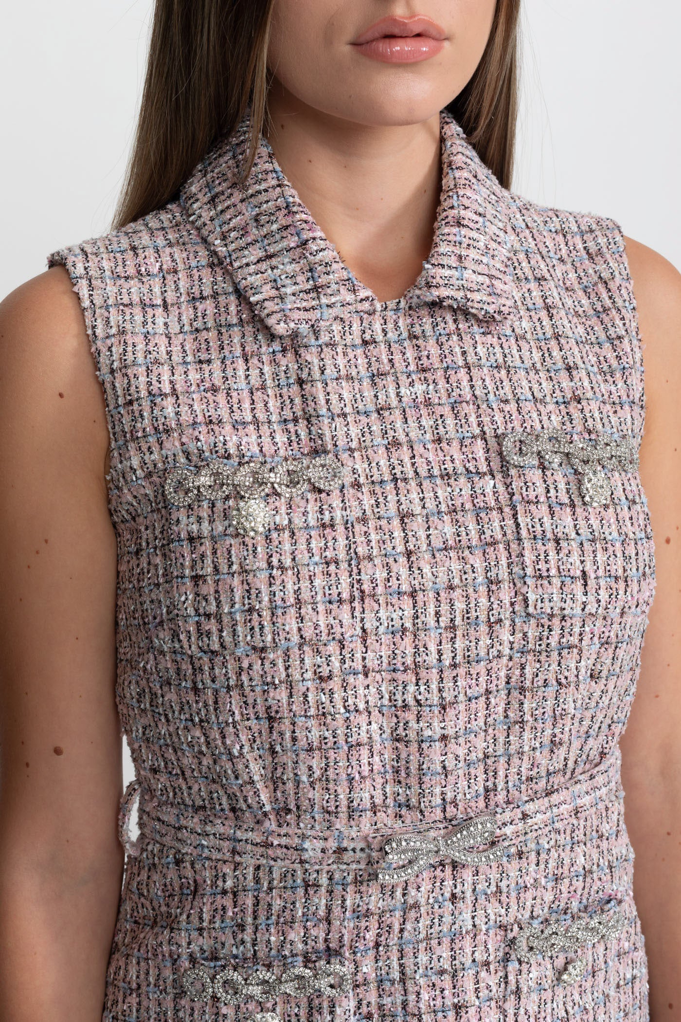 Abito Gilet in Tweed con Dettaglio Gonna Plissettata - Rosa/Bianco
