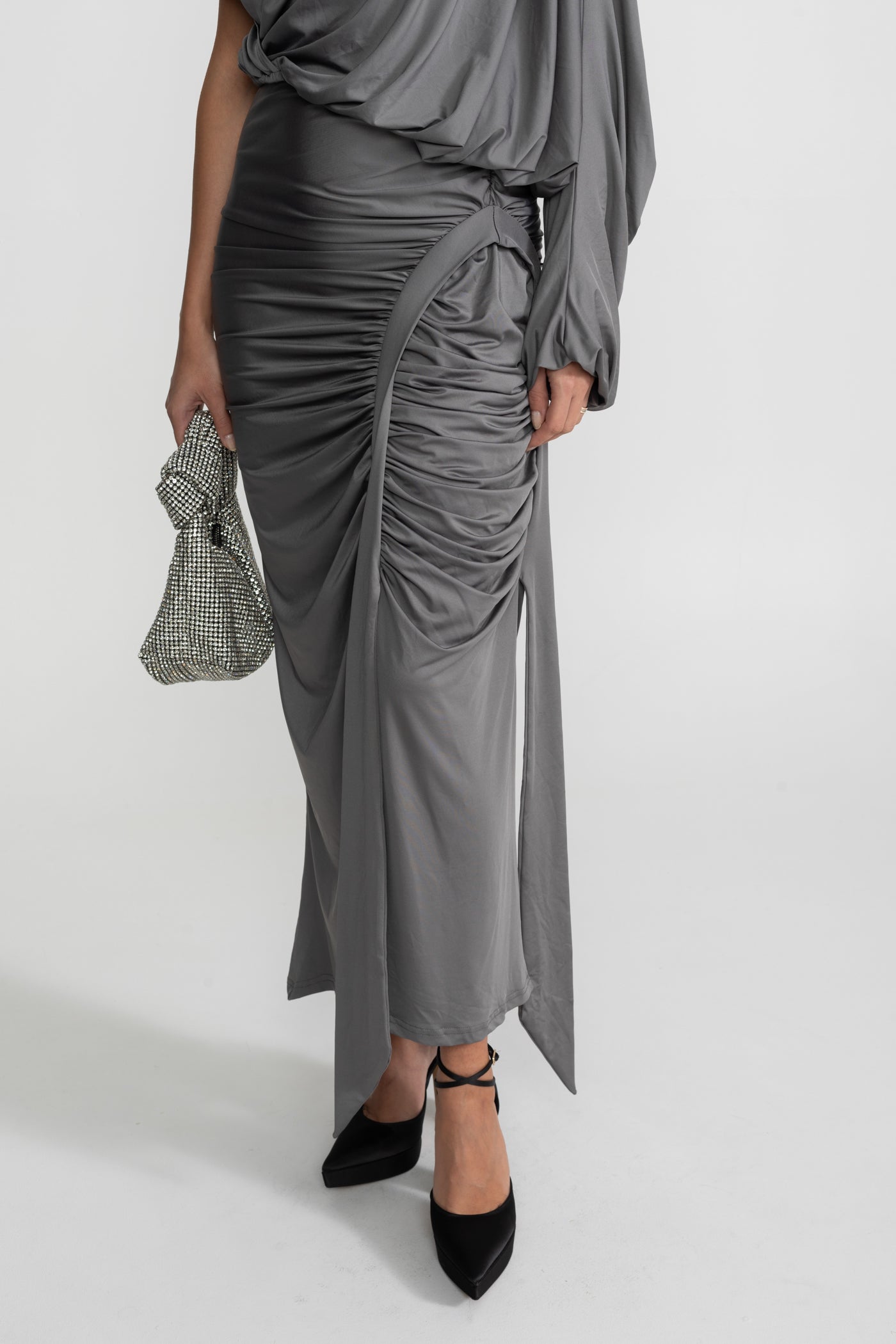 Draped Asymmetric Top and Ruched Maxi Skirt Co-Ord Set – Steel Grey