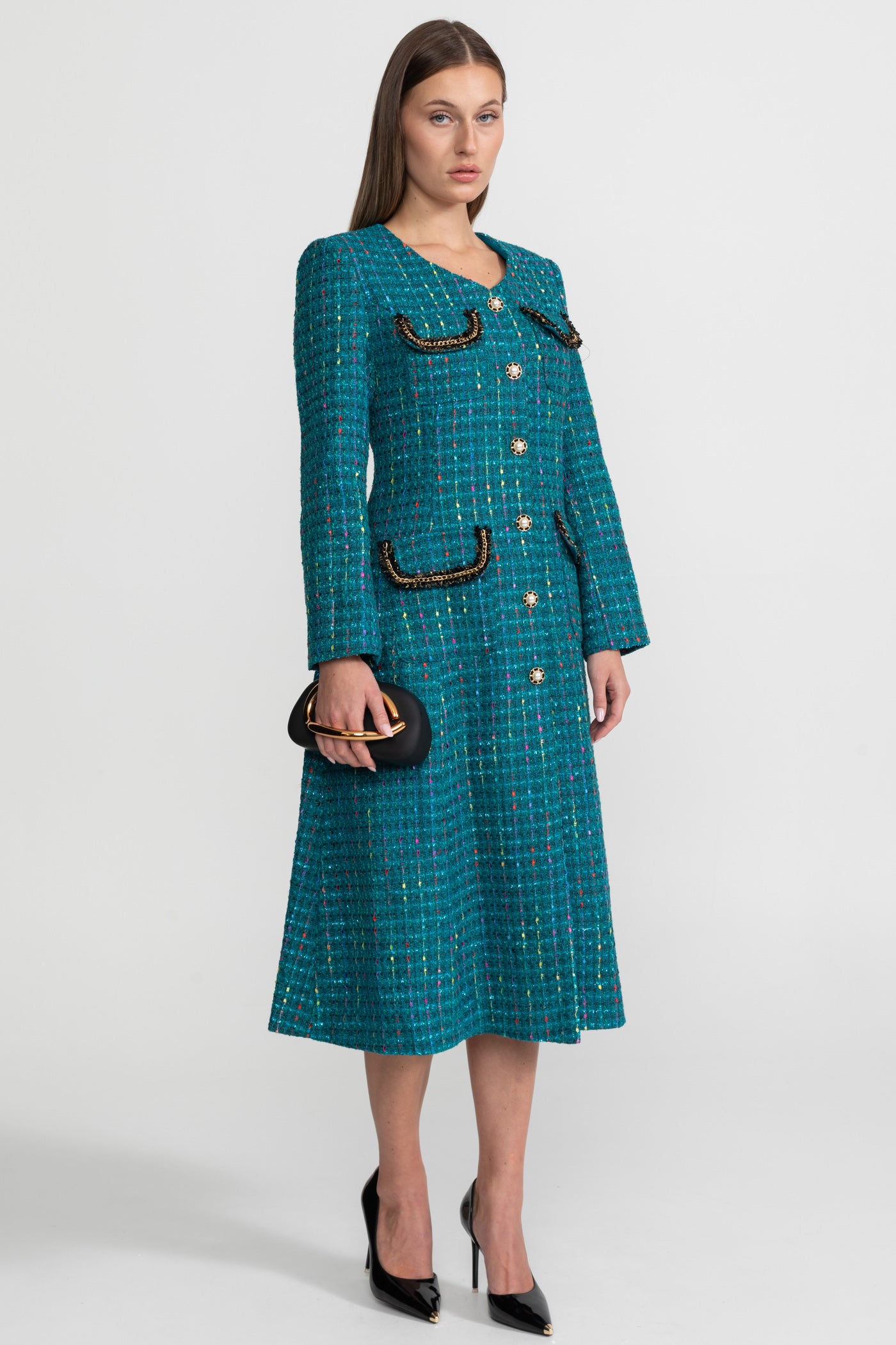 Abito Midi in Tweed Decorato con Spalle Strutturate – Teal