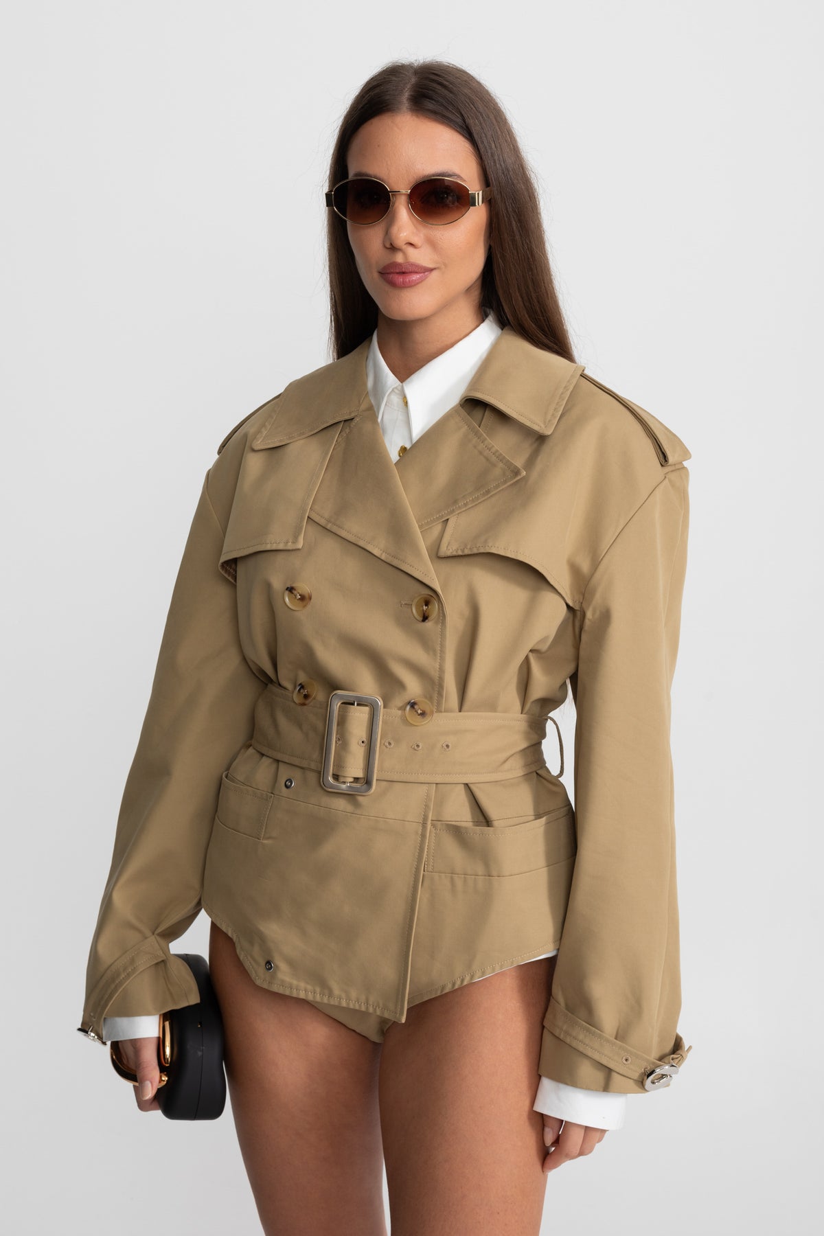 Giacca Body Trench con Vita Cinturata e Rever Strutturato - Beige