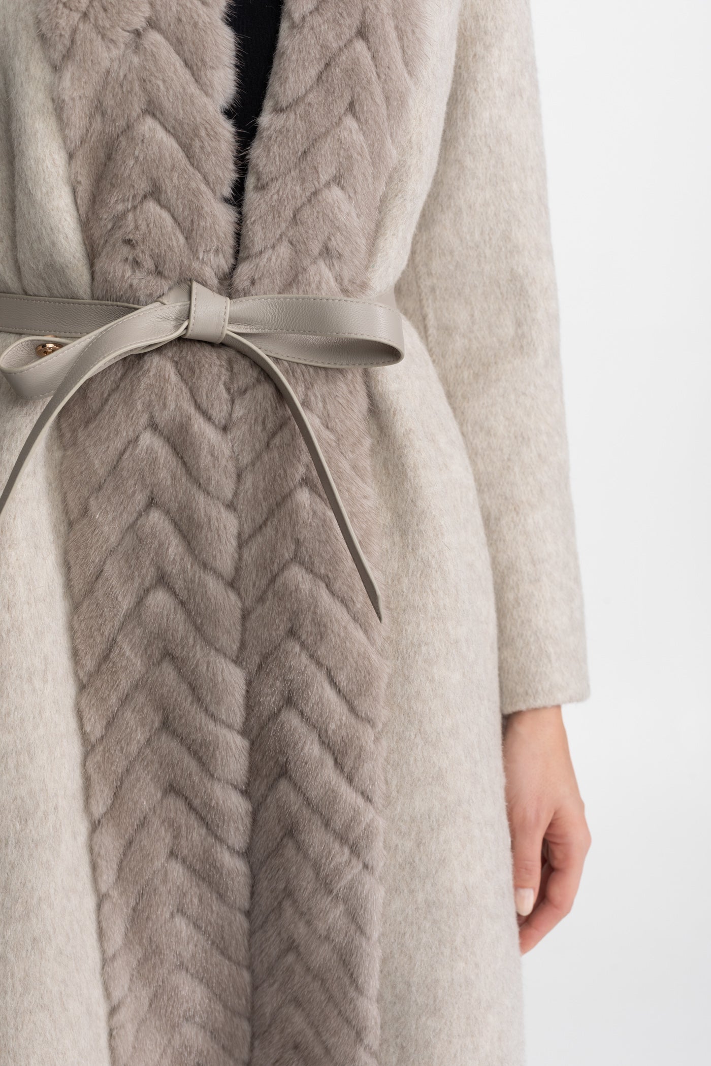 Wool Blend Belted Coat with Textured Sable Fur Panel – Beige