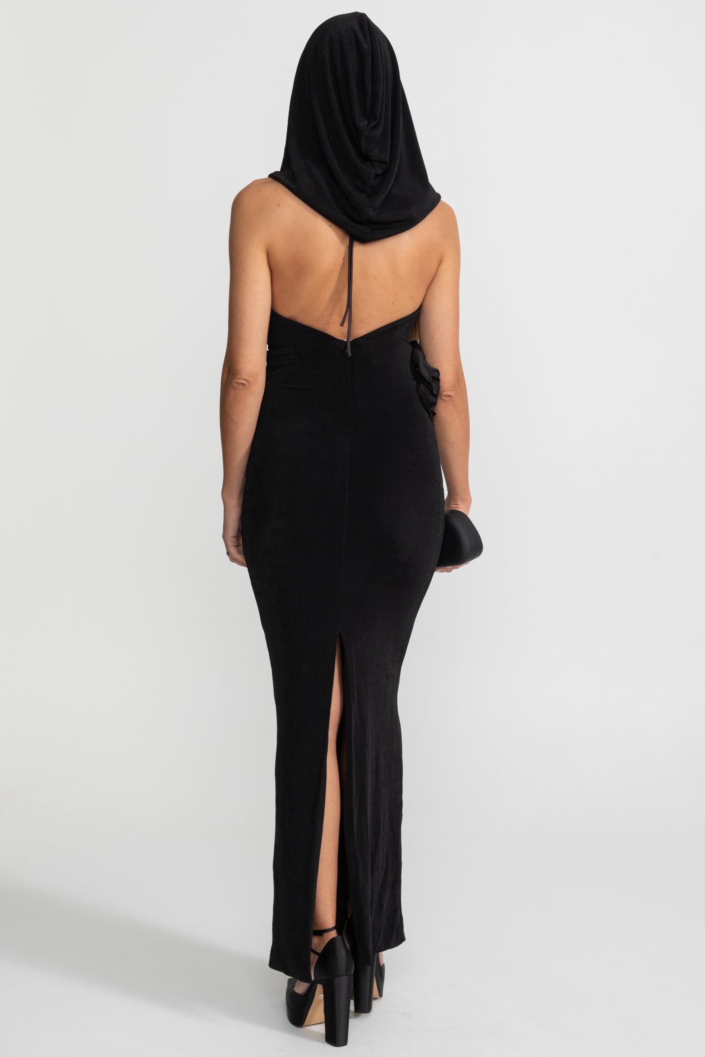 Silhouette Maxi Dress with Draped Hood and Side Rosette - Black