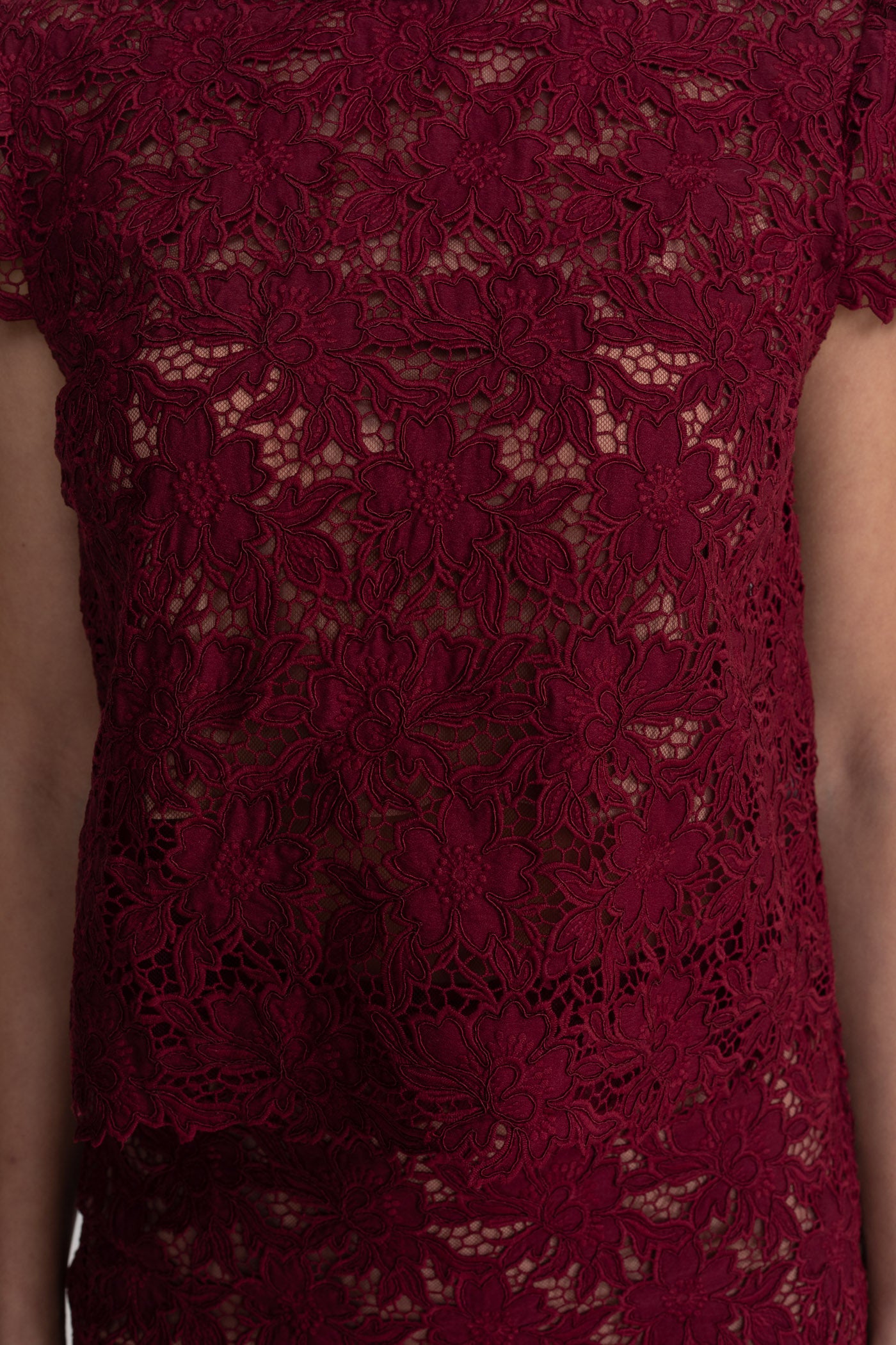 Lace Co-Ord Set With Short Sleeve Top And Crystal Embellished Neckline - Burgundy