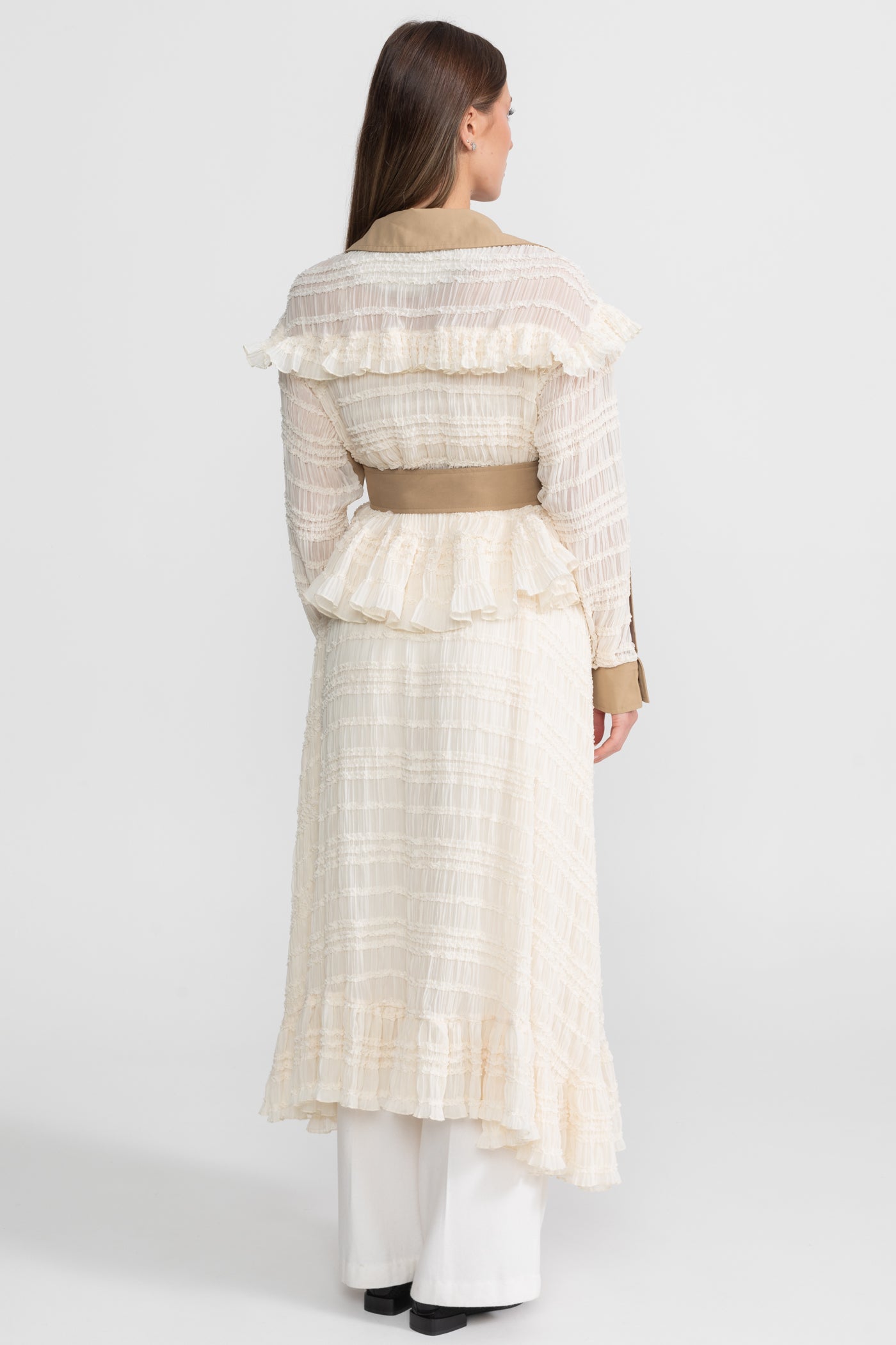 Longline Lace Panel Trench Coat With Belted Waist – Beige