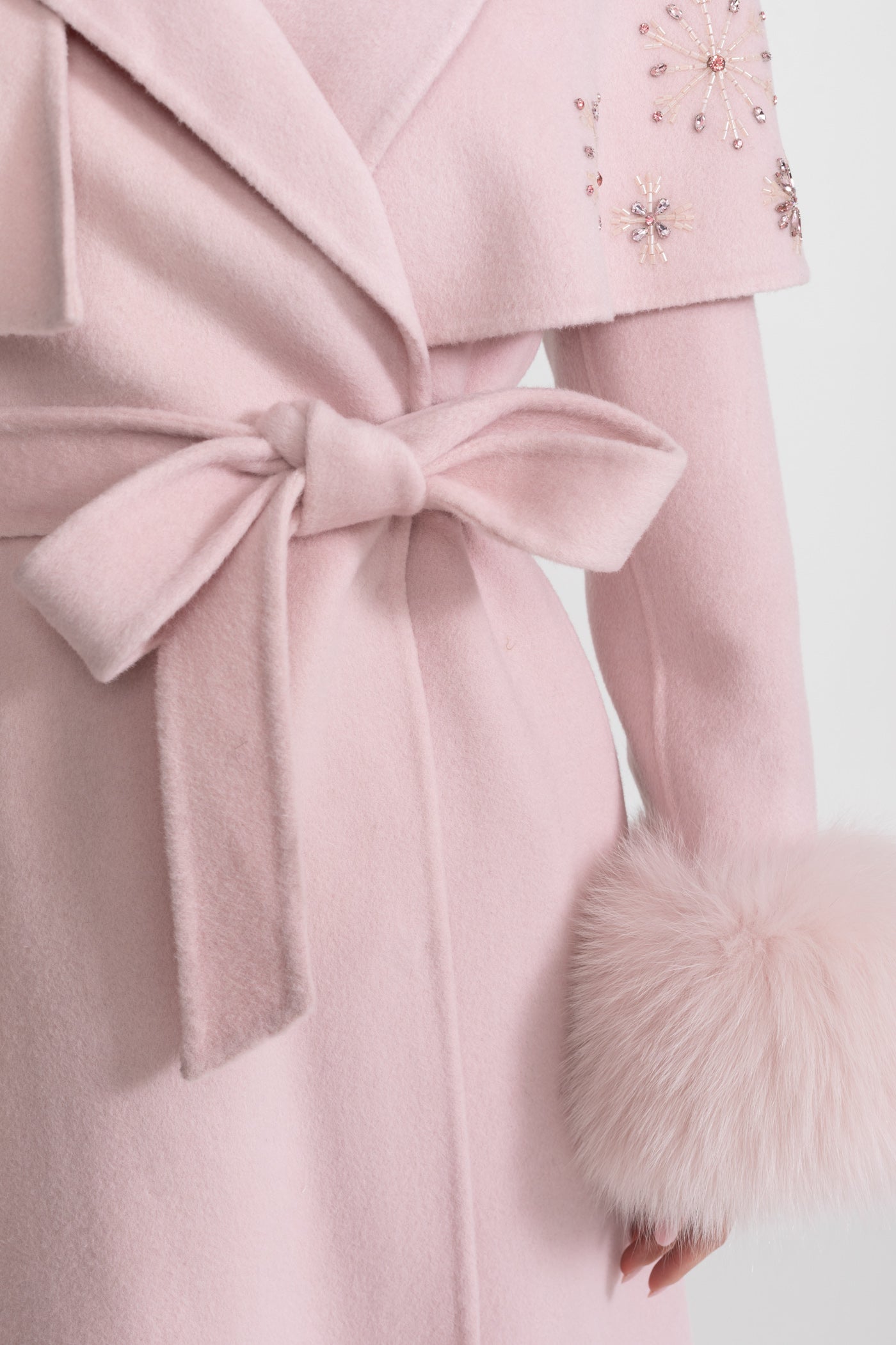 Embellished Wool Coat with Fox Fur Cuffs And Cape Overlay - Pink