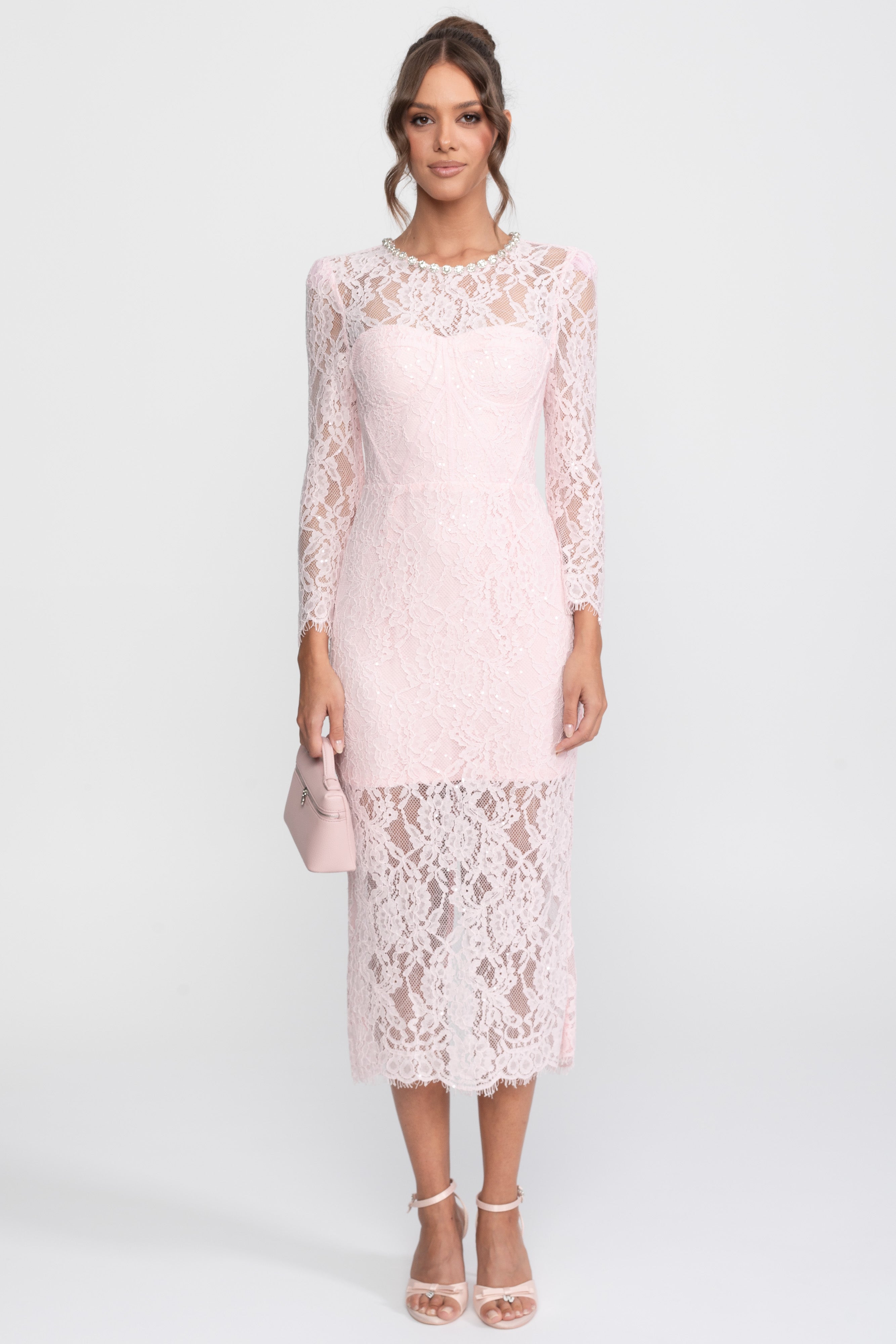 Abito Midi con Rifinitura in Pizzo e Scollo con Cristalli - Rosa