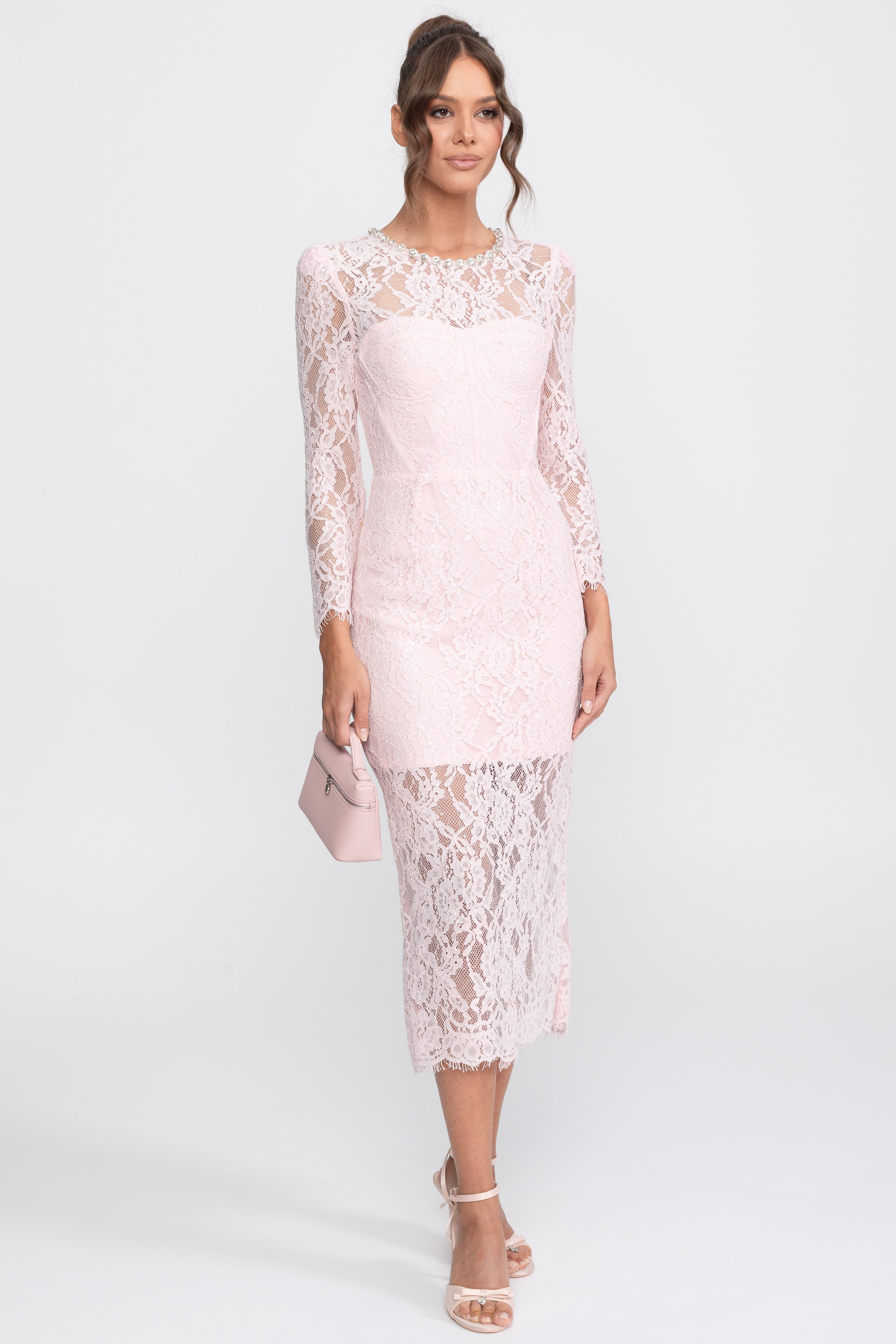 Abito Midi con Rifinitura in Pizzo e Scollo con Cristalli - Rosa