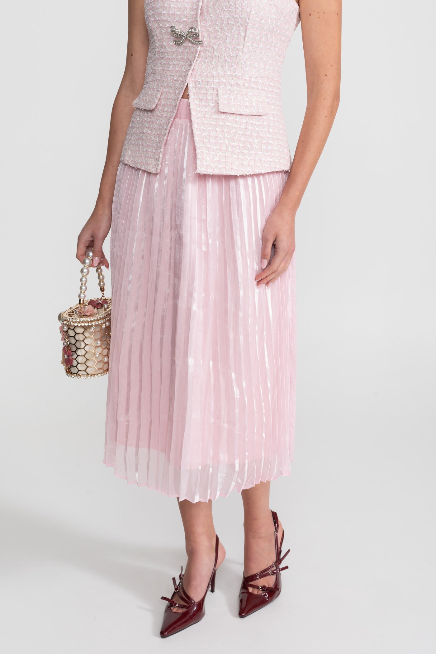 Completo coordinato in tweed e organza con bottoni a fiocco di cristallo - Rosa