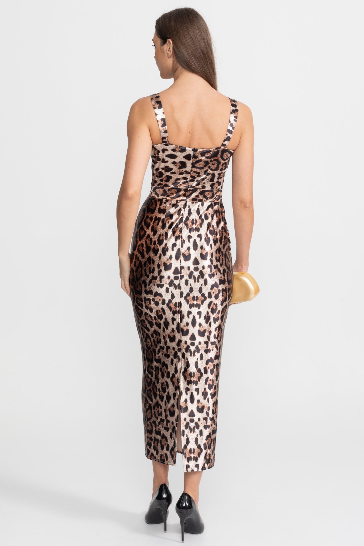 Abito Midi in Satin con Stampa Leopardo – Marrone
