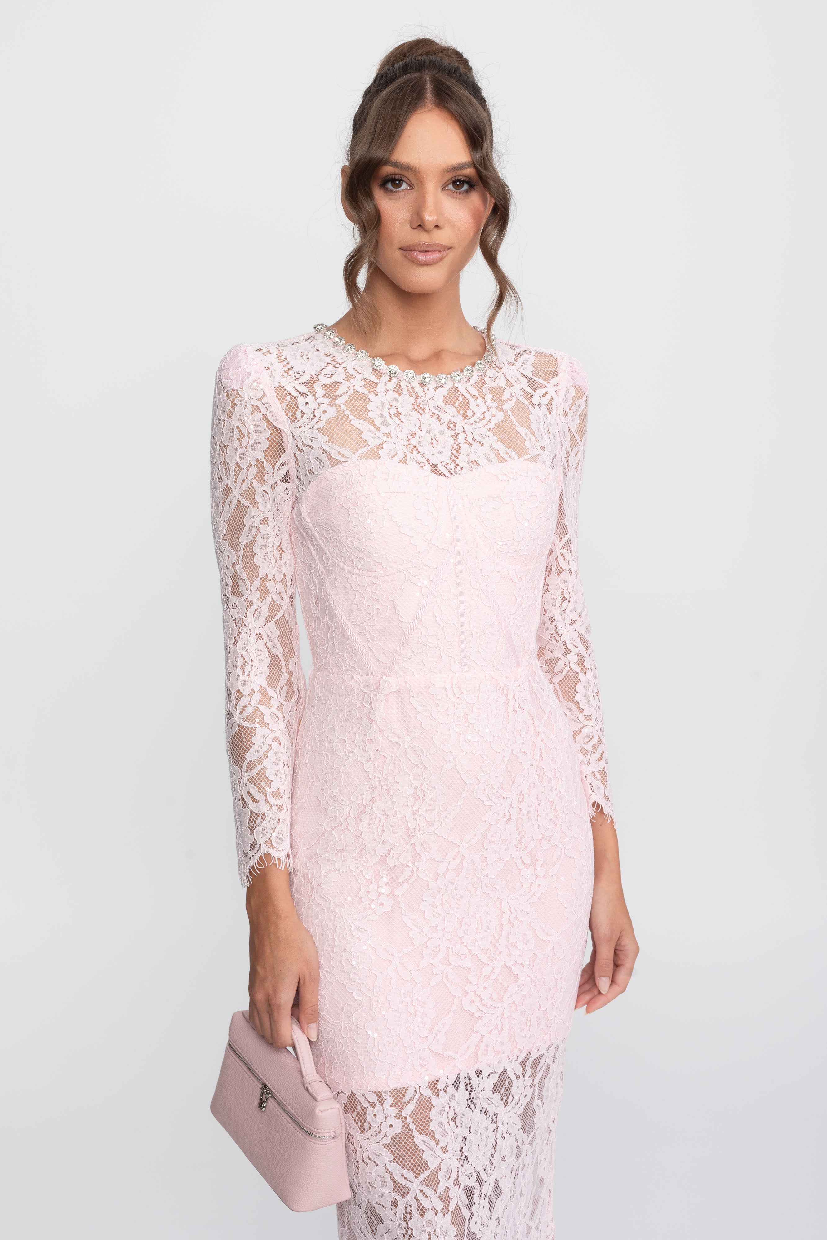 Abito Midi con Rifinitura in Pizzo e Scollo con Cristalli - Rosa