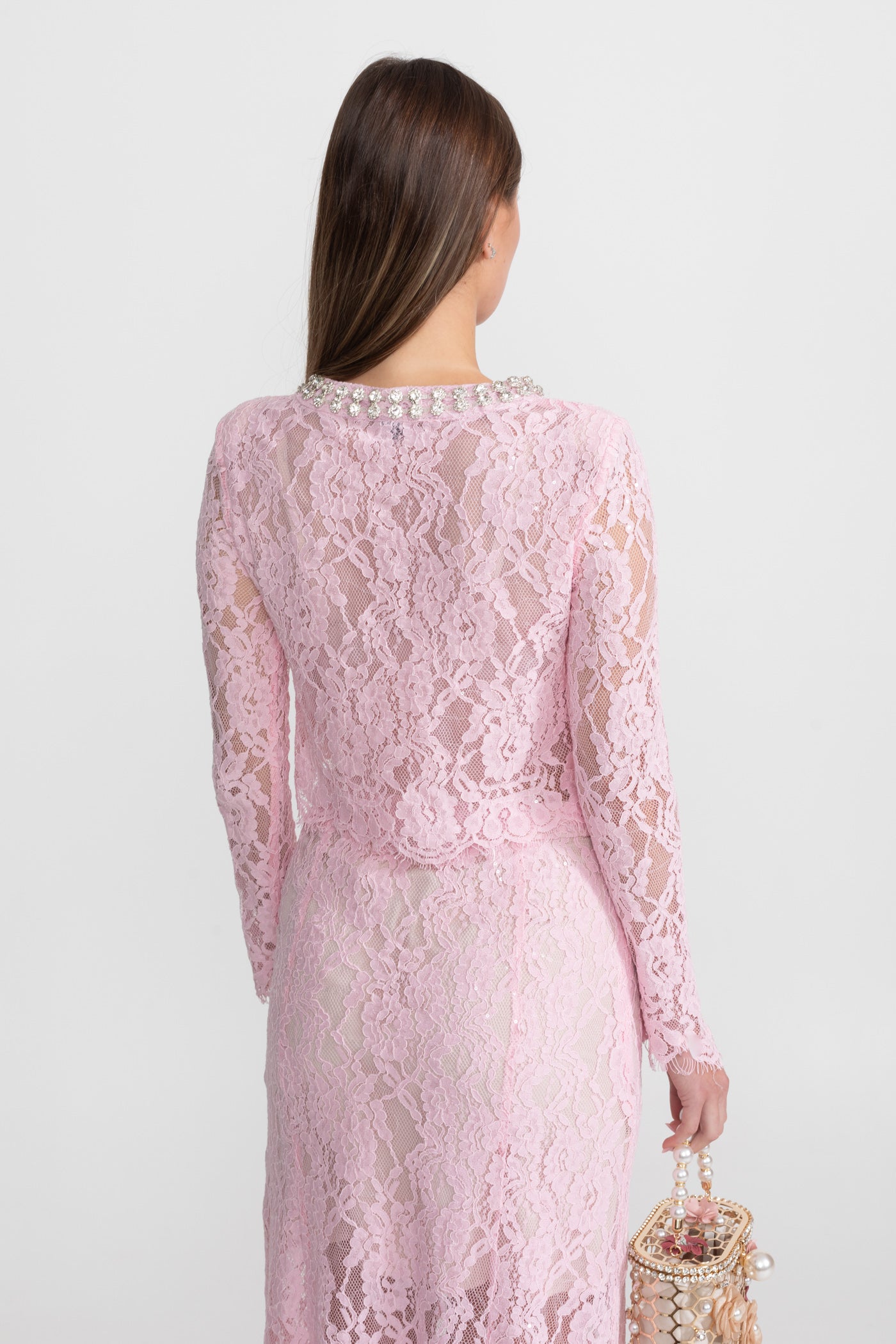 Completo Coordinato in Pizzo con Colletto e Bottoni Decorati - Rosa