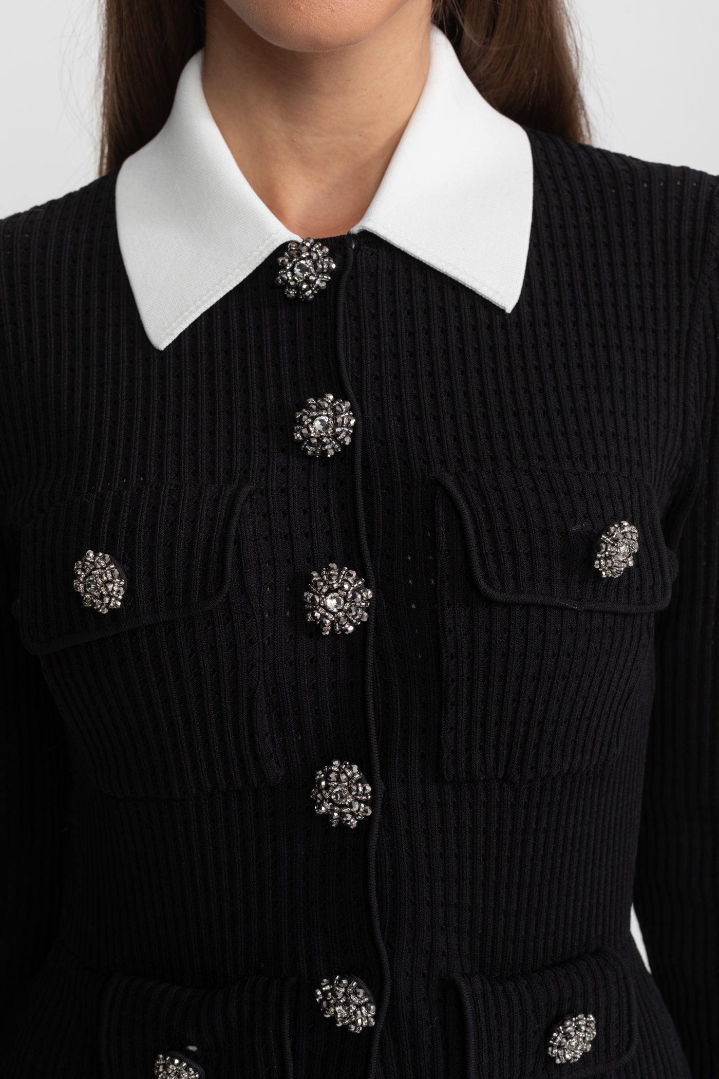 Ribbed Knit Mini Dress with Contrast Collar and Pleated Skirt – Black