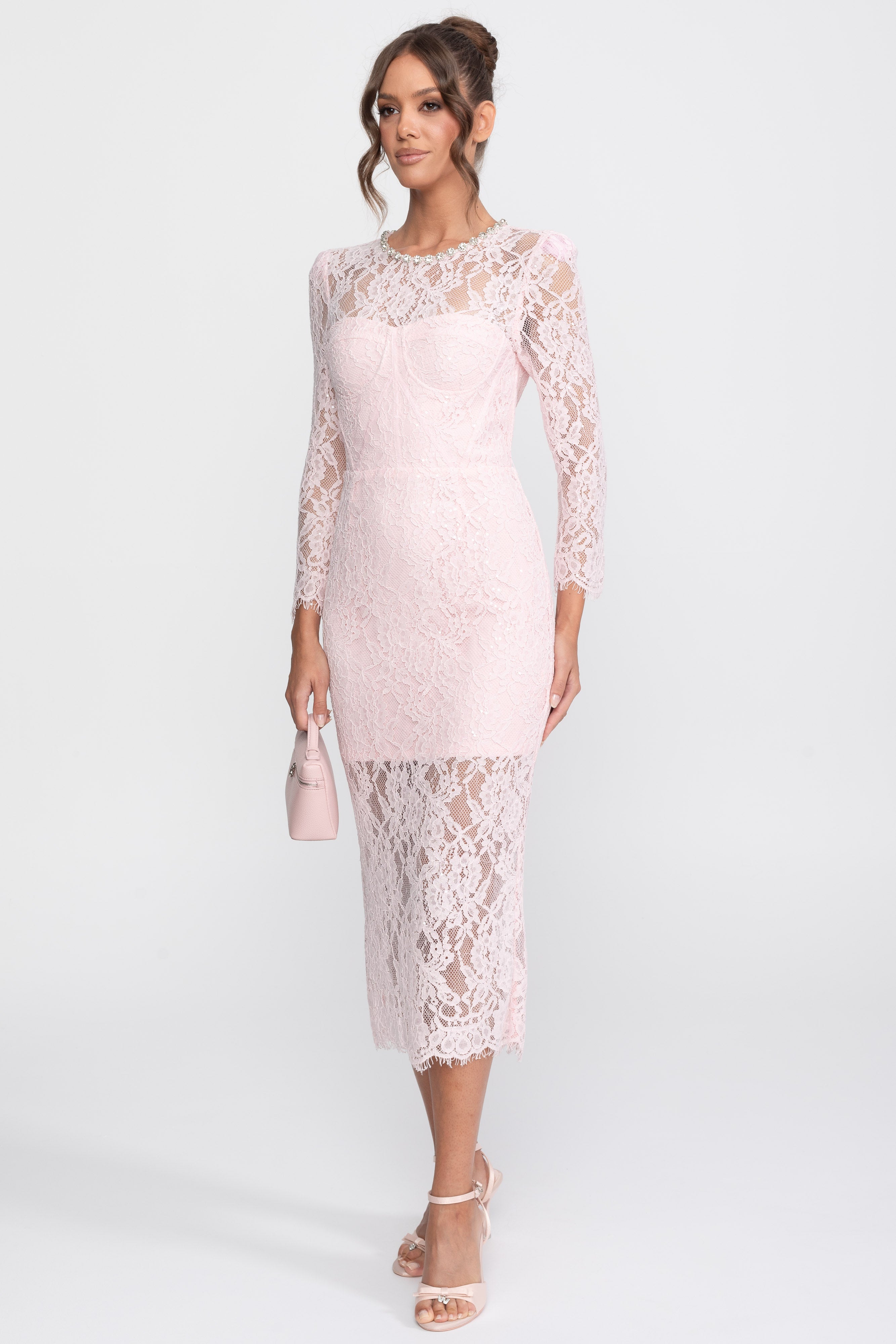 Abito Midi con Rifinitura in Pizzo e Scollo con Cristalli - Rosa