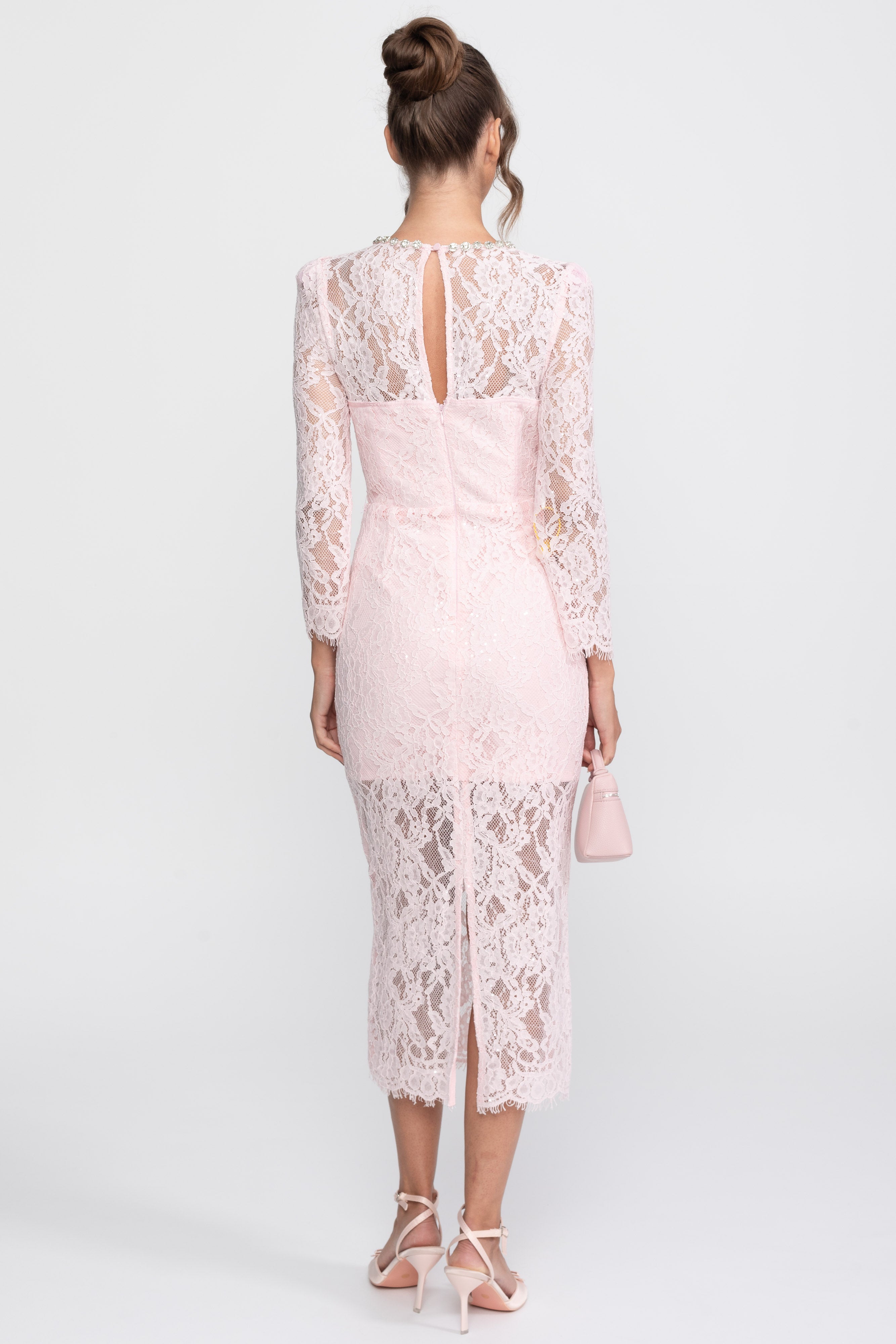 Abito Midi con Rifinitura in Pizzo e Scollo con Cristalli - Rosa