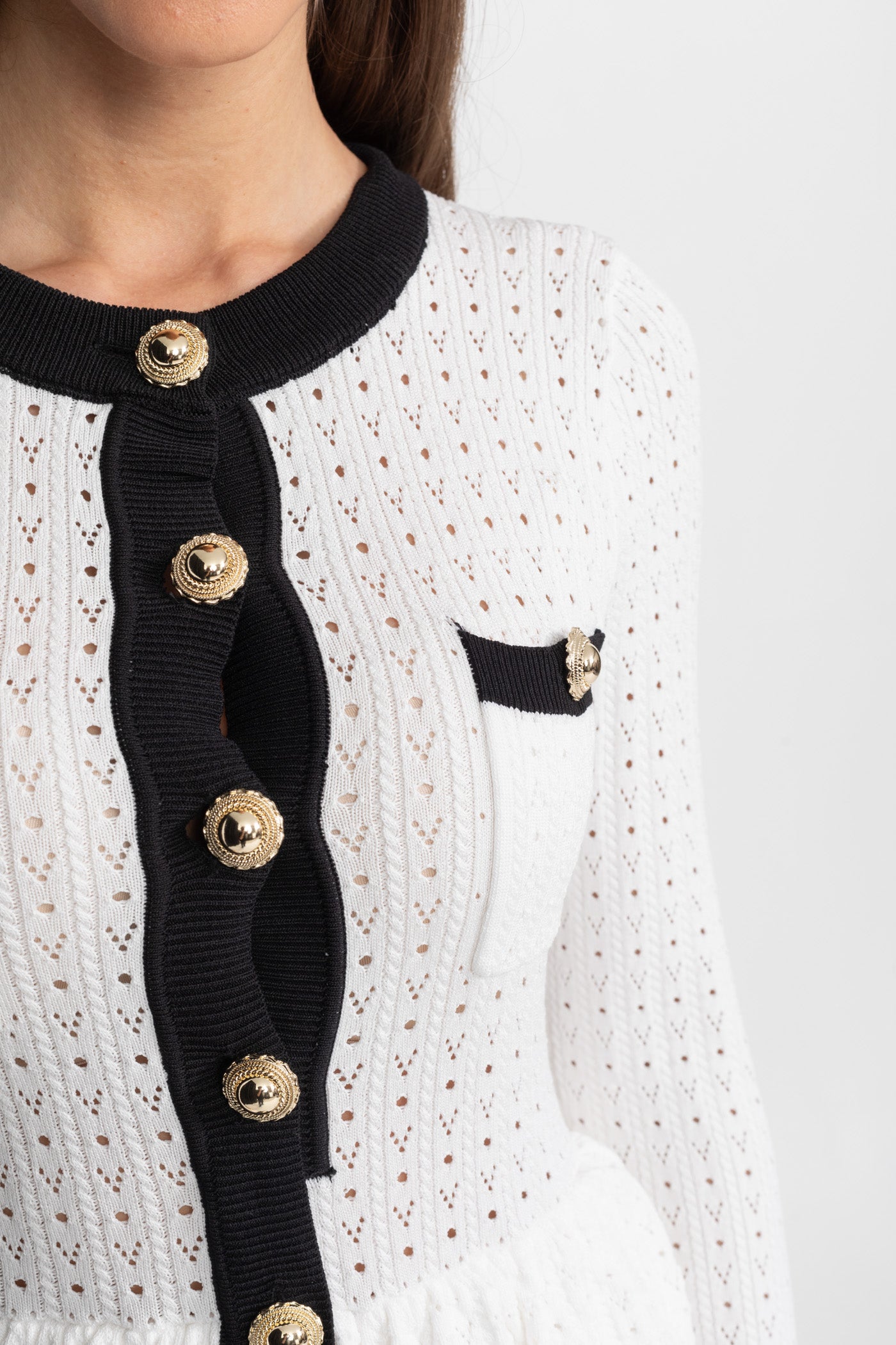 Coordinato Midi in Maglia Pointelle con Bordo a Contrasto – Bianco