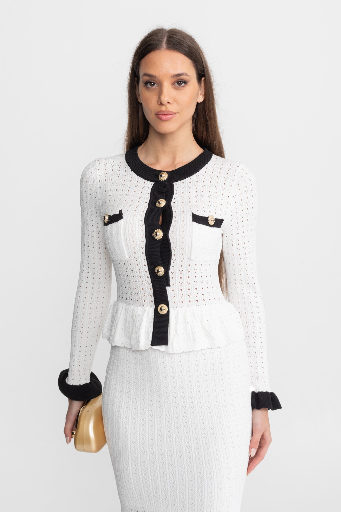 Coordinato Midi in Maglia Pointelle con Bordo a Contrasto – Bianco