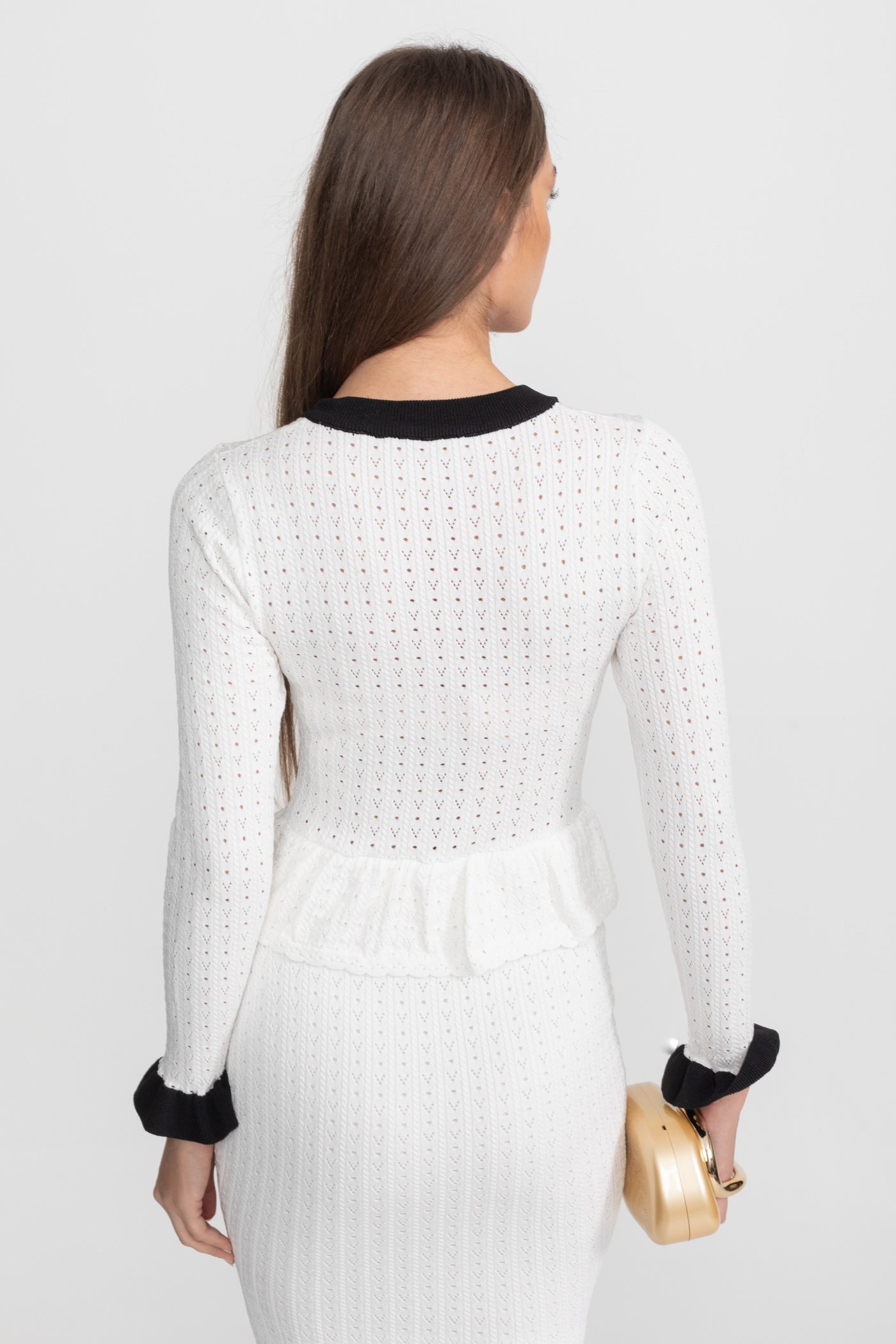 Coordinato Midi in Maglia Pointelle con Bordo a Contrasto – Bianco