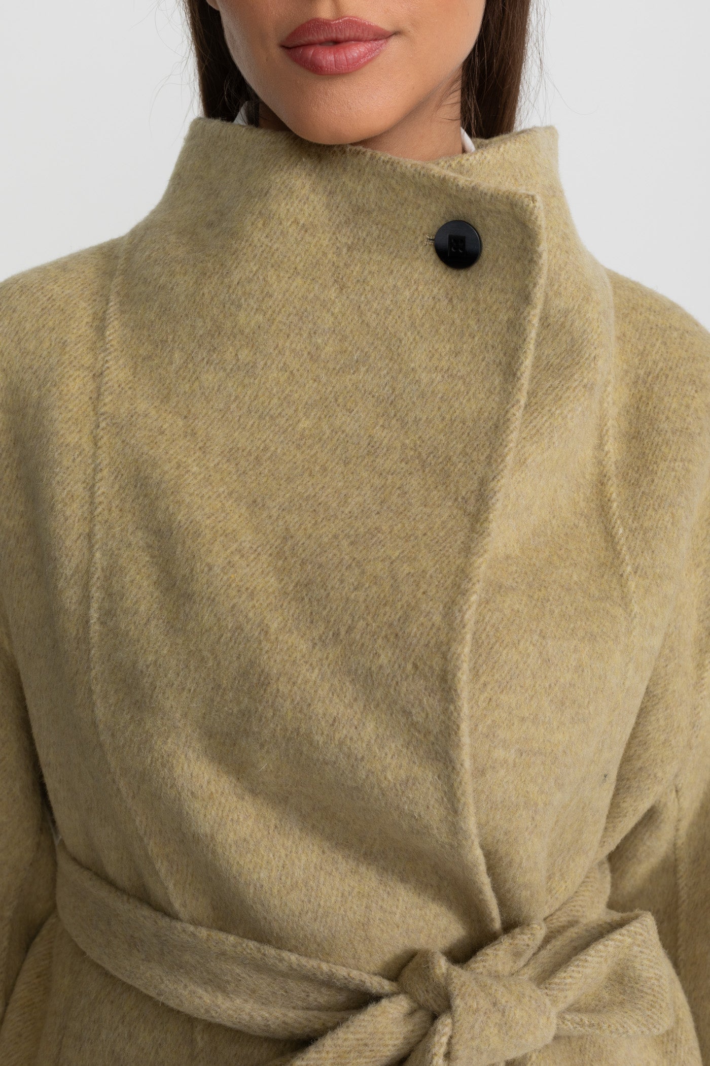 Belted Mini Coat With High Neckline - Beige