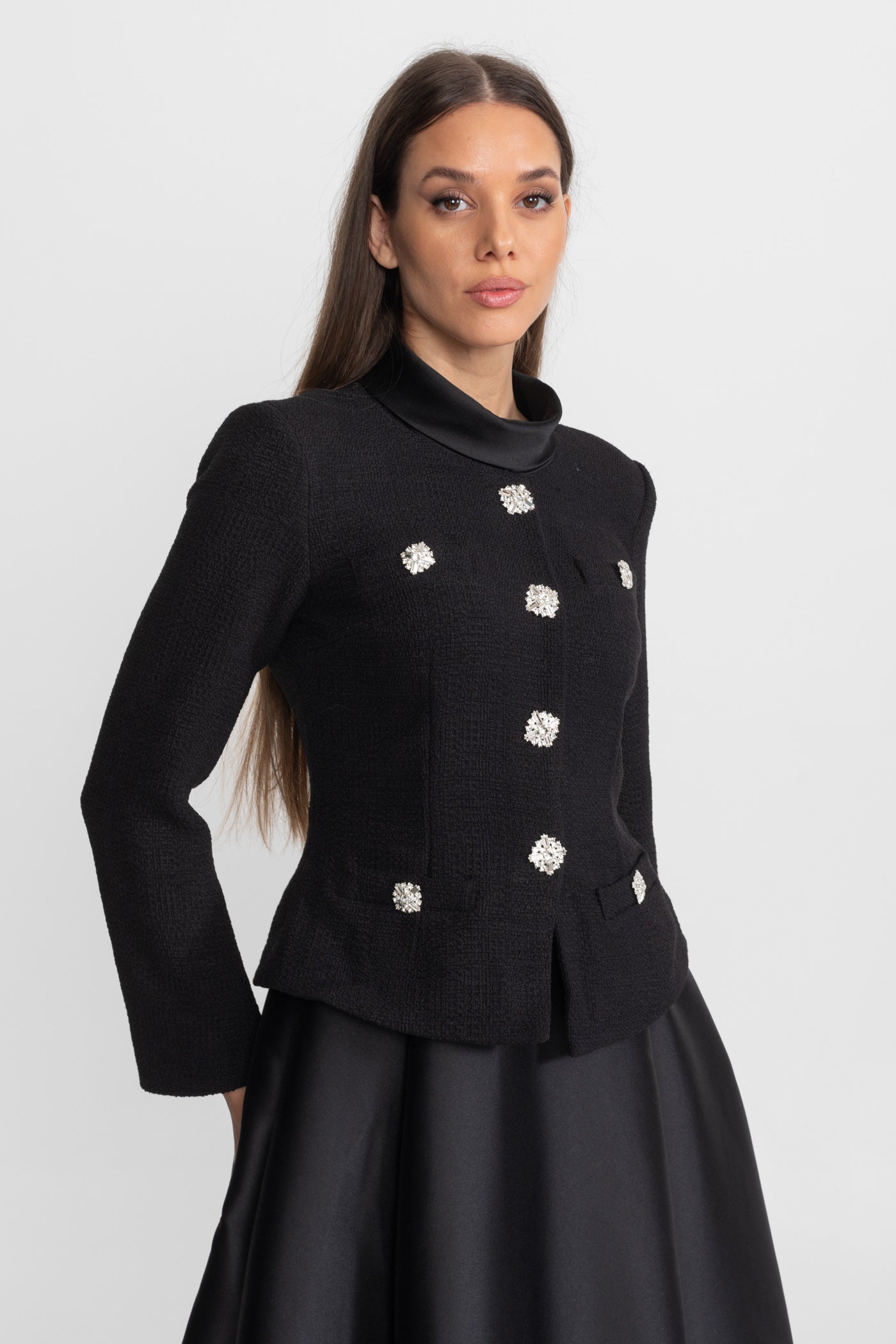 Structured Midi Dress with Embellished Jacket Overlay – Black