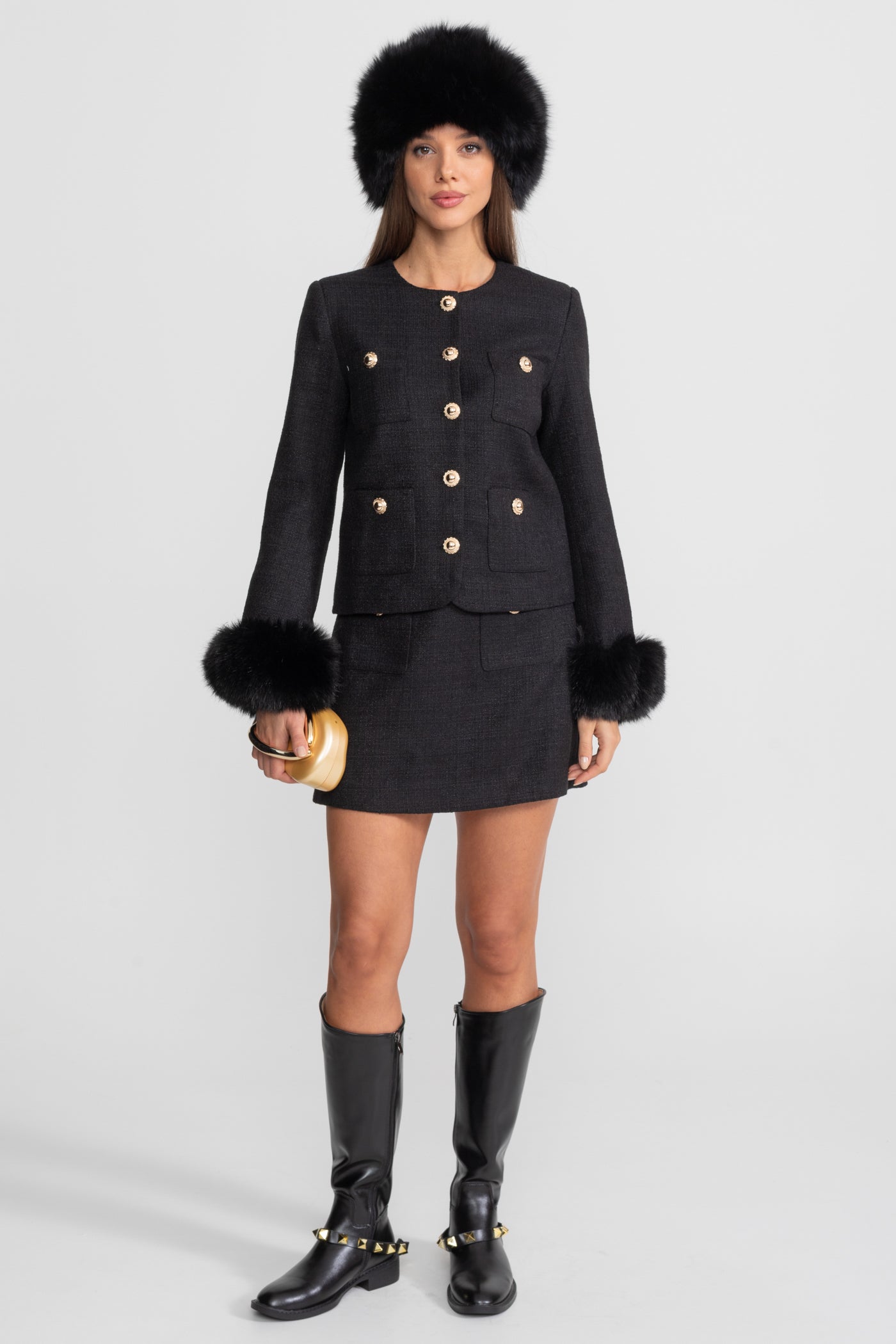 Minigonna in Tweed con Bottoni Dorati – Nero