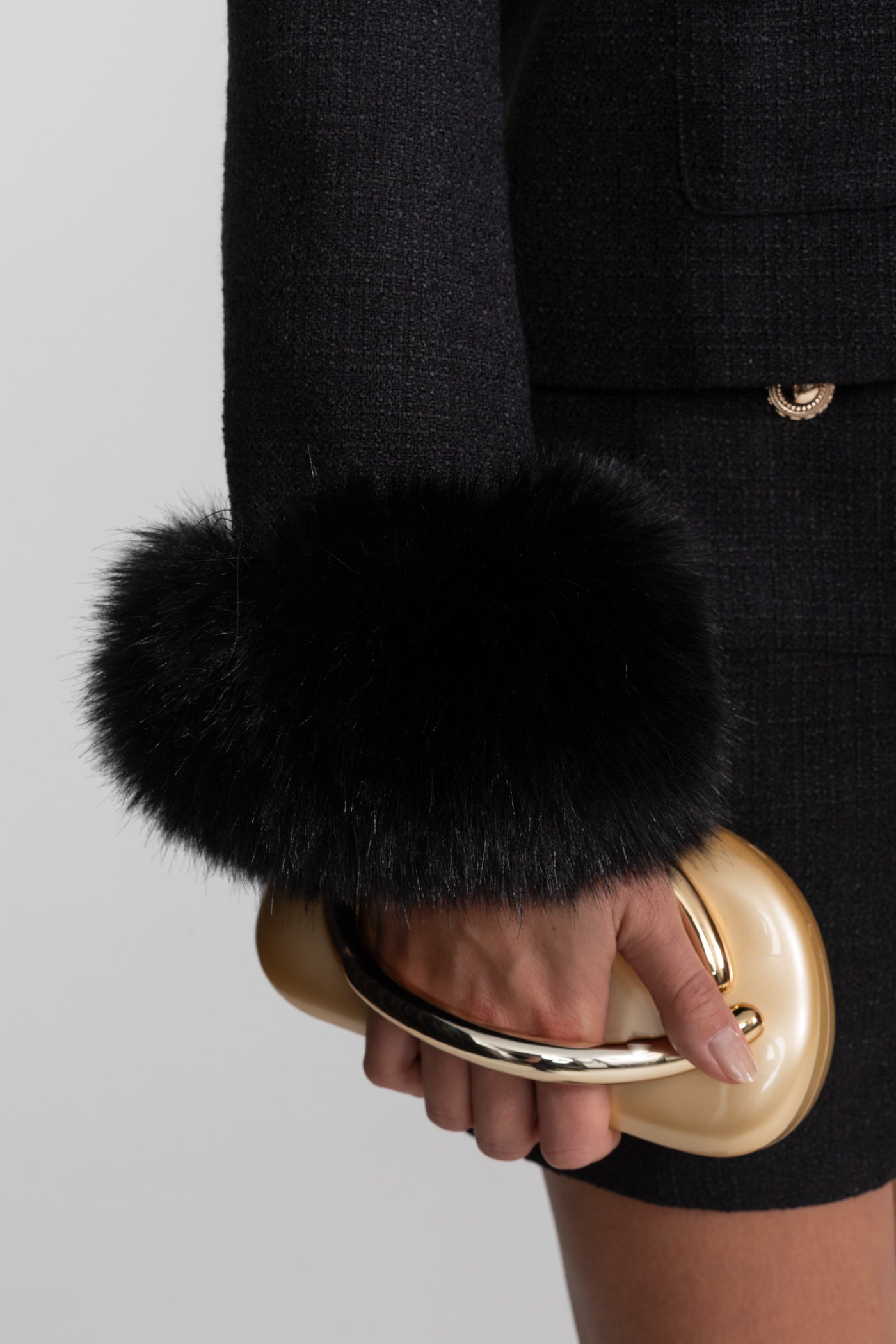 Tweed Blazer With Faux Fur Cuffs And Gold Buttons – Black