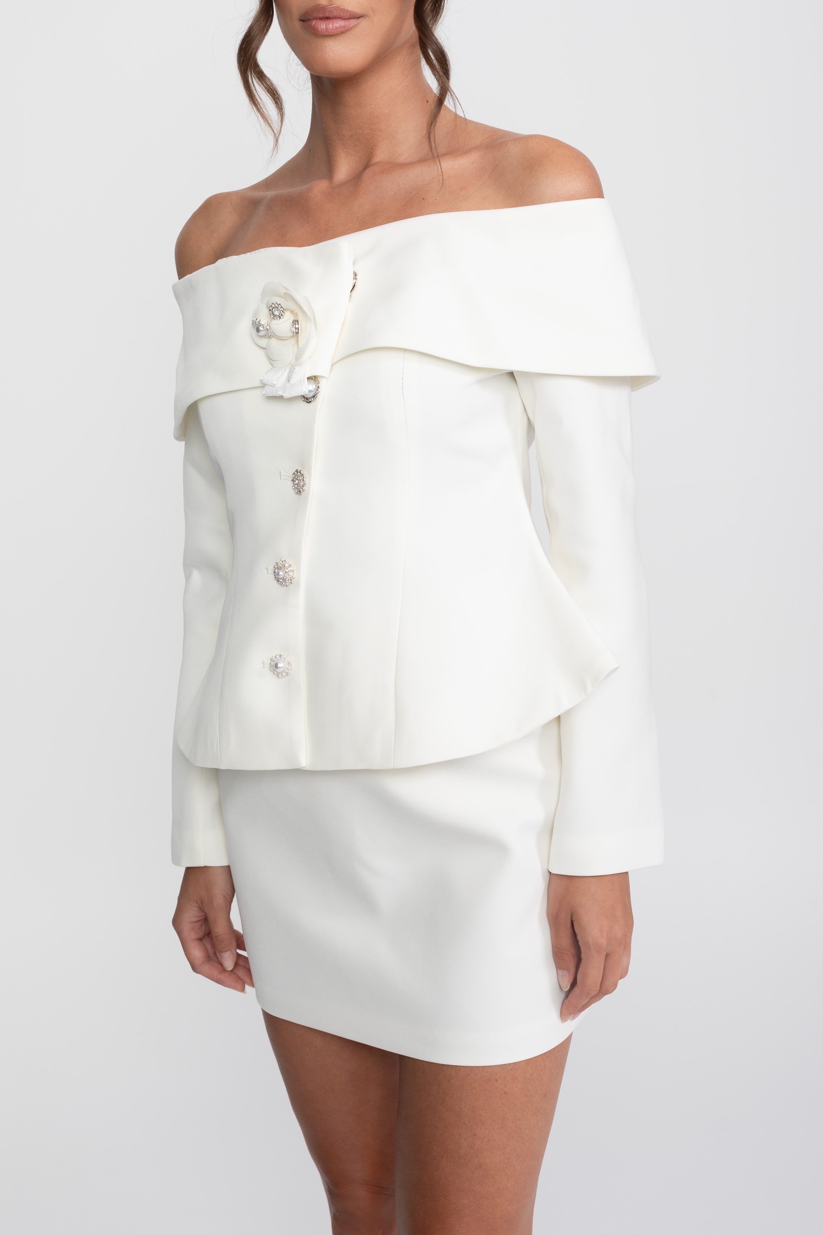 Elegant Co-ord Set With Off-Shoulder Peplum Top And Mini Skirt - White