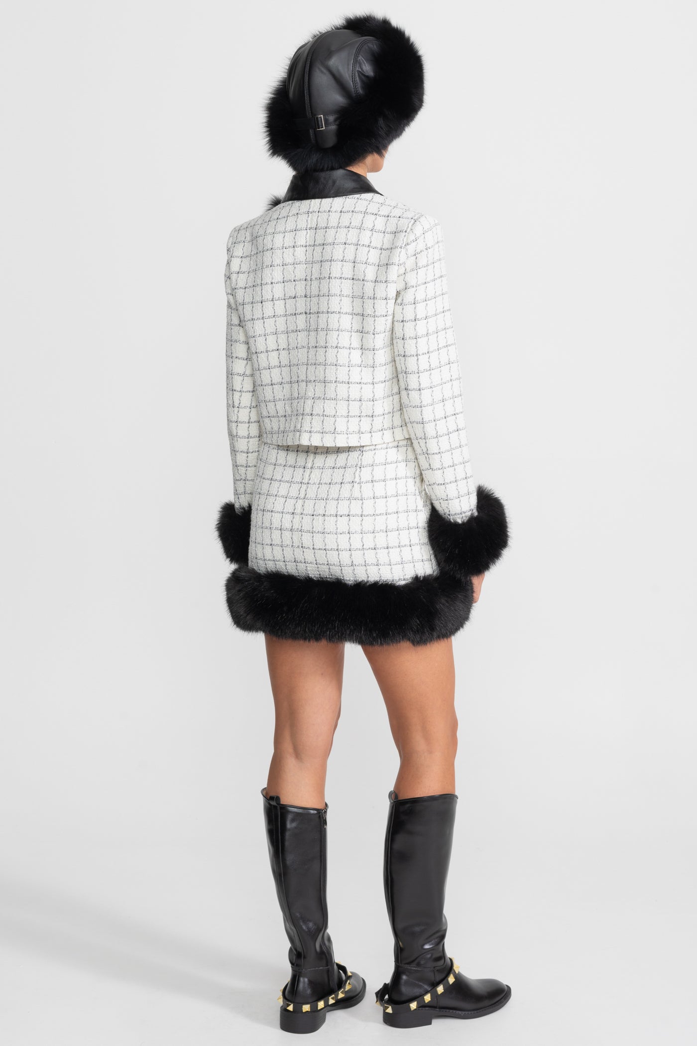 Tweed Co-Ord Set With Faux Fur Trim And Contrast Leather Details – White And Black
