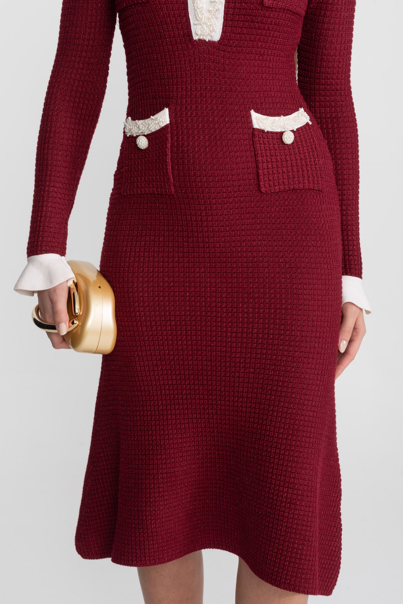 Textured Midi Dress with Contrast Embroidered Trim – Burgundy