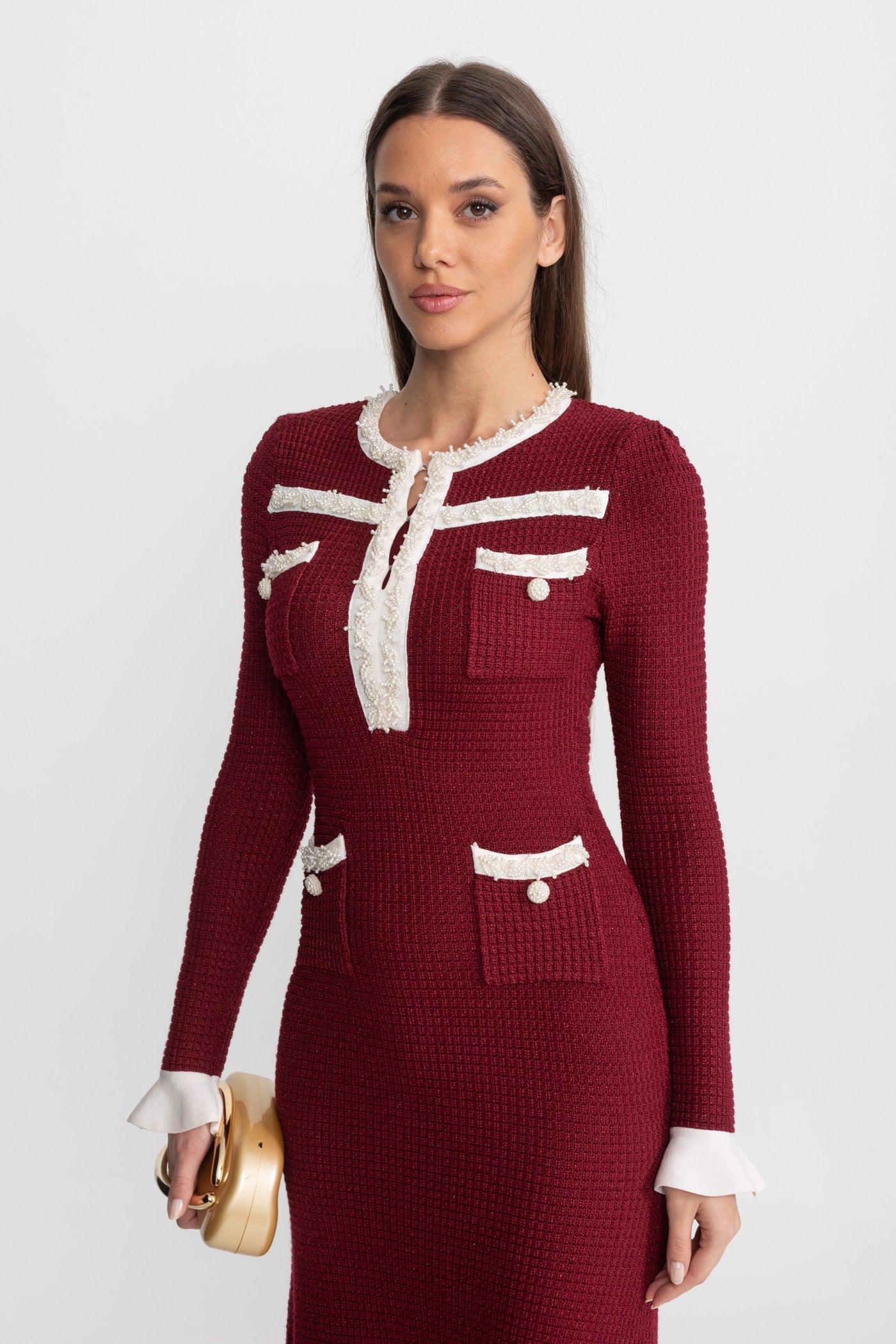 Textured Midi Dress with Contrast Embroidered Trim – Burgundy