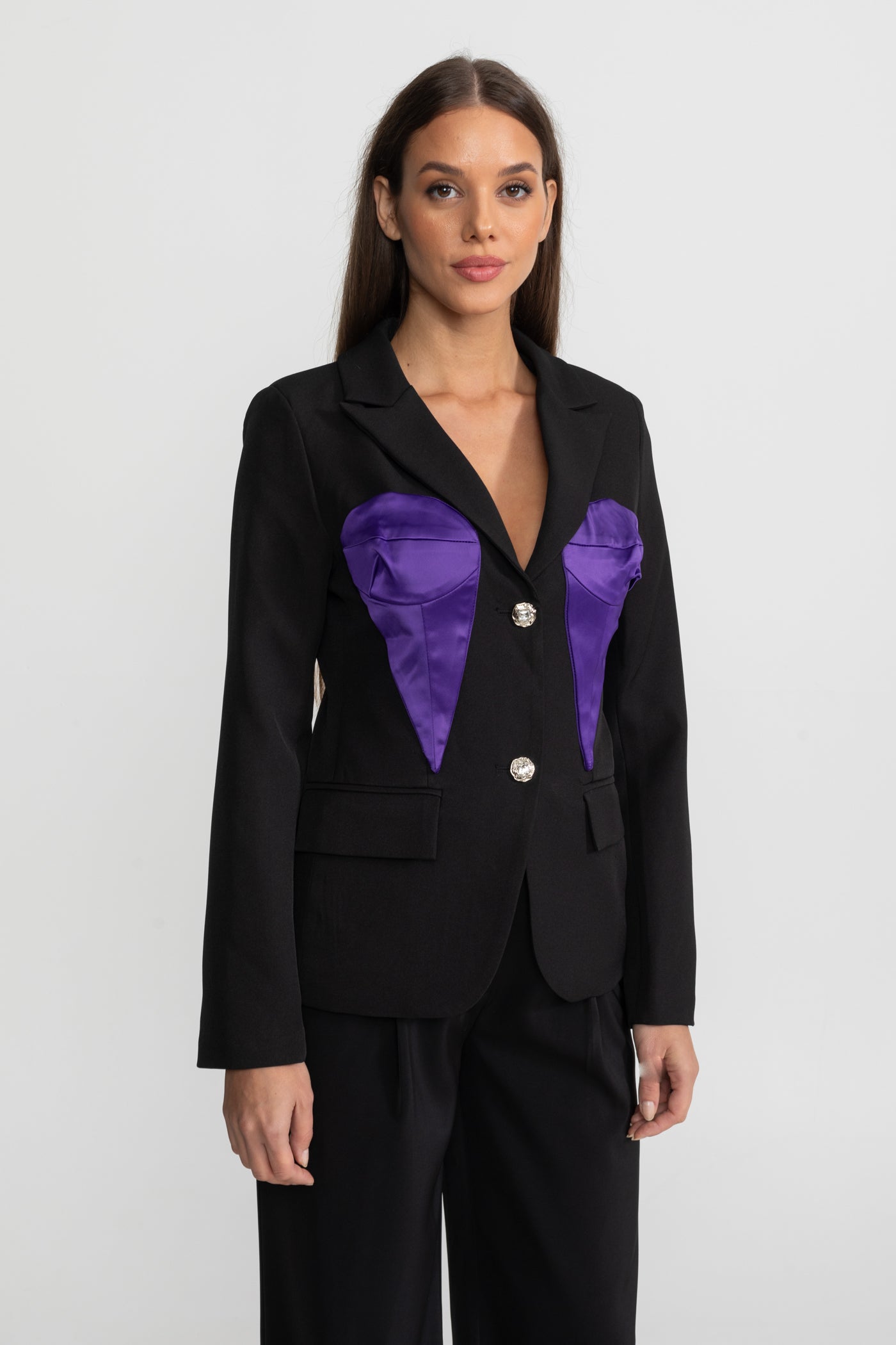 Tailored Satin Panel Blazer With Contrasting Bust Panels – Black & Purple