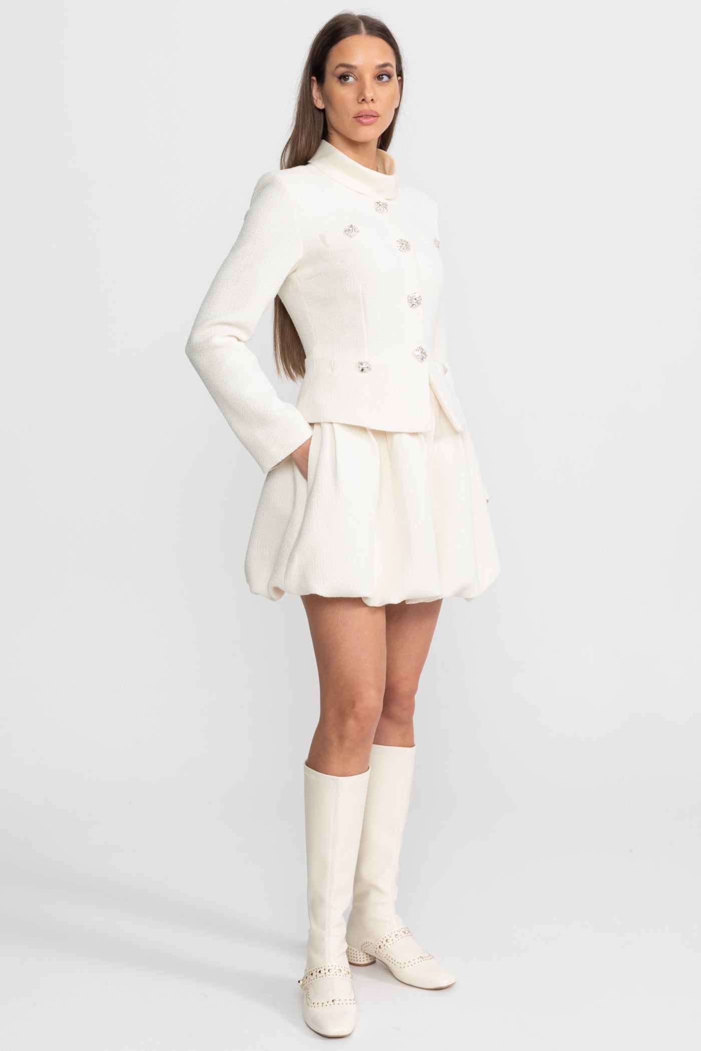 Textured Mini Dress with Crystal Button Embellishments – Ivoire