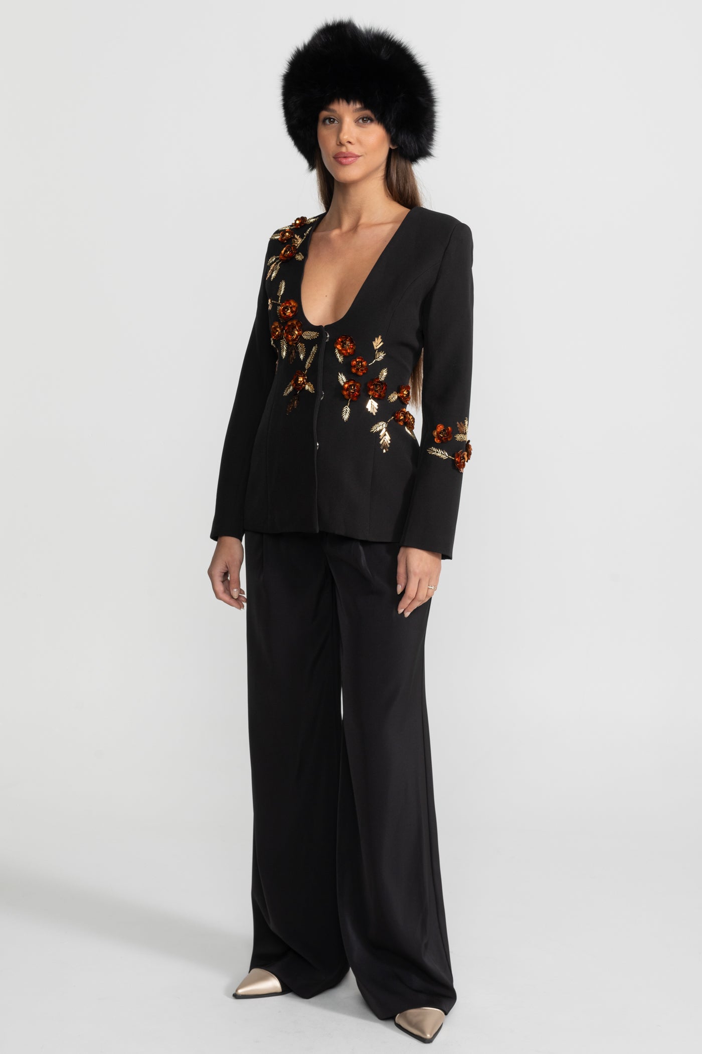 Deep V-Neck Blazer With Intricate Floral Embroidery - Black