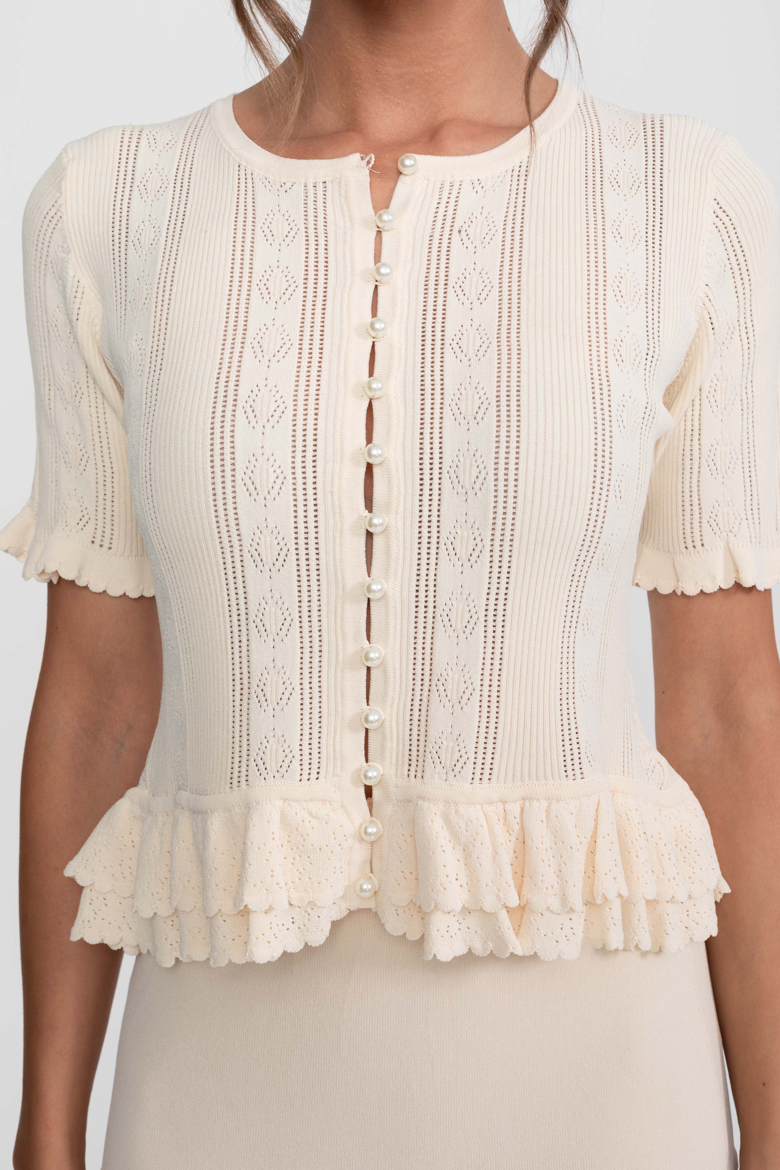 Completo Coordinato in Maglia Due Pezzi con Vita Volant - Ivoire