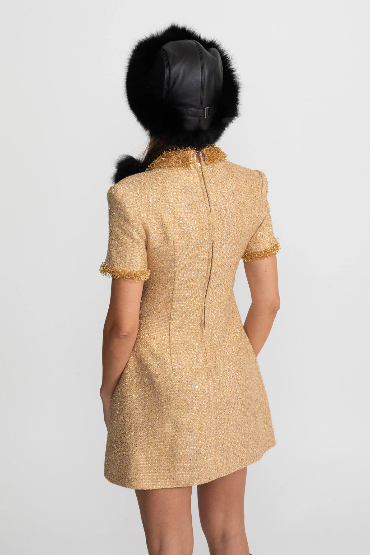 Short Sleeve Tweed Mini Dress With Metallic Fringe Trim – Gold