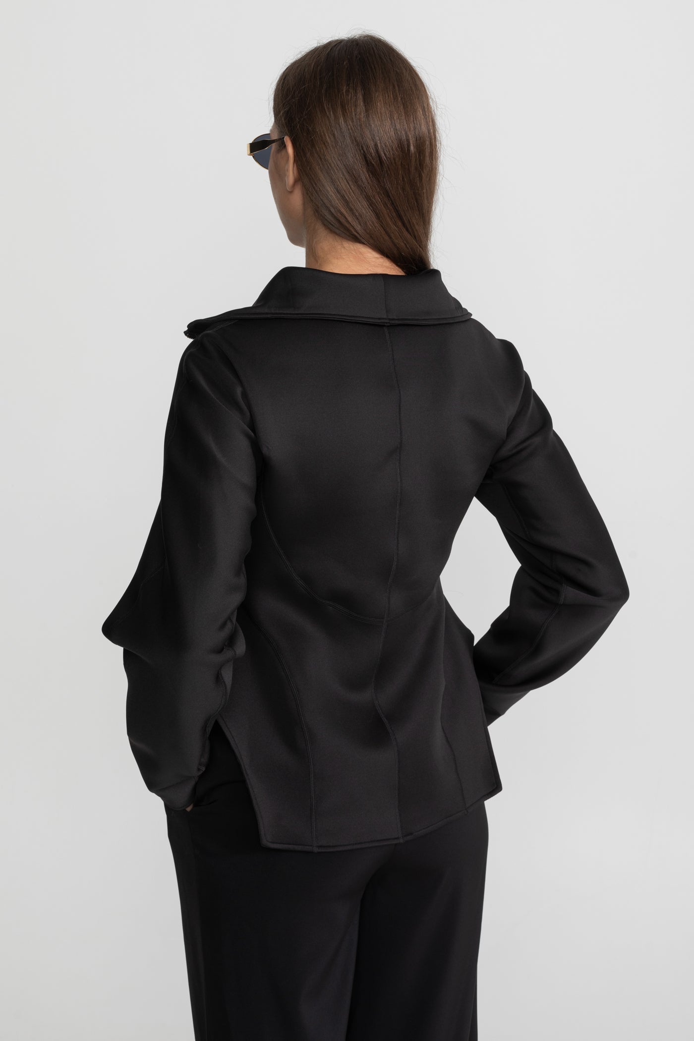 Structured Zip-Up Jacket With Sculpted Seams And High Collar - Black