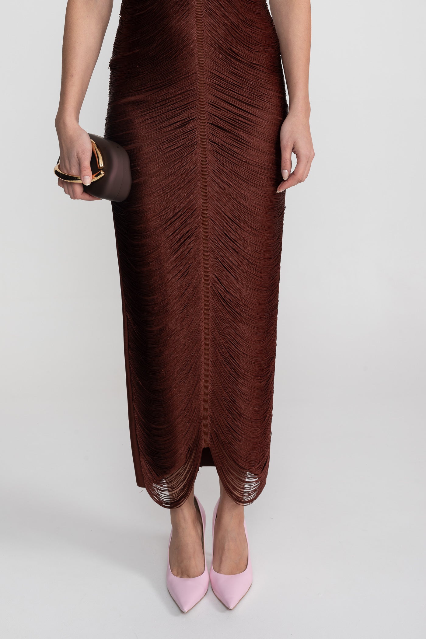 Halter Neck Midi Dress With All-Over Pleated Texture - Brown