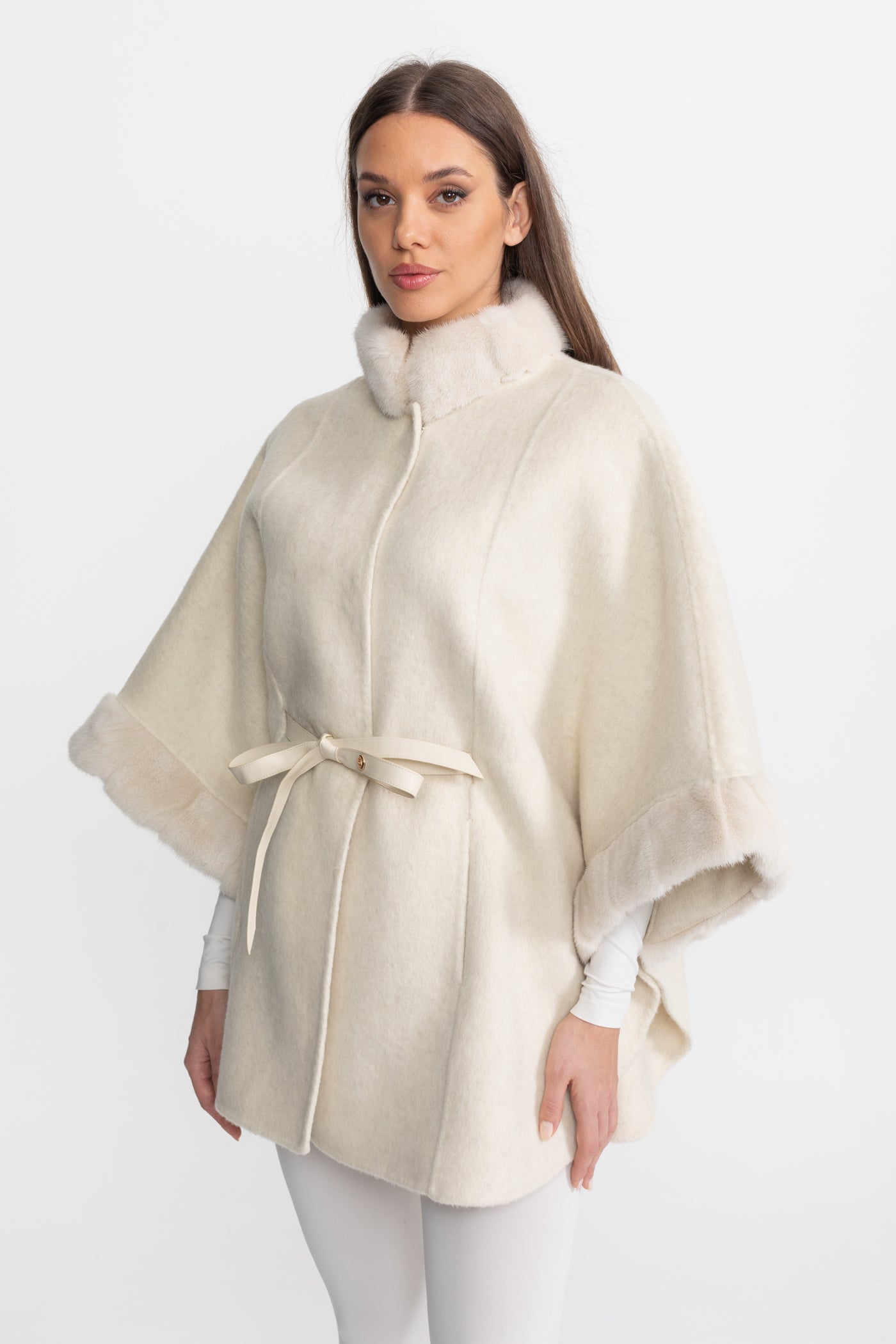 Wool Blend Cape Coat with Sable Fur Trim – Ivoire