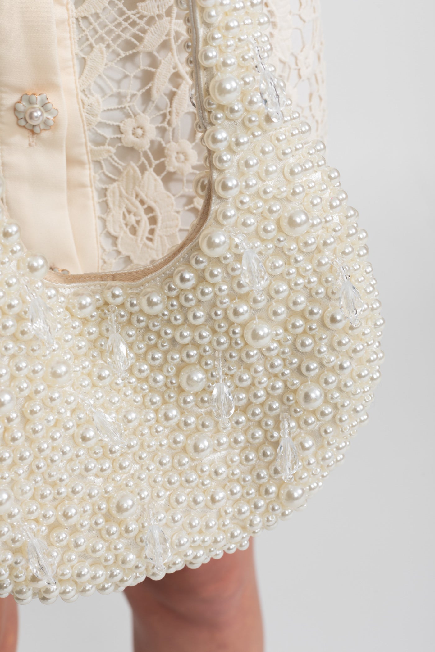 Borsa a Spalla con Perle e Perline – Ivoire