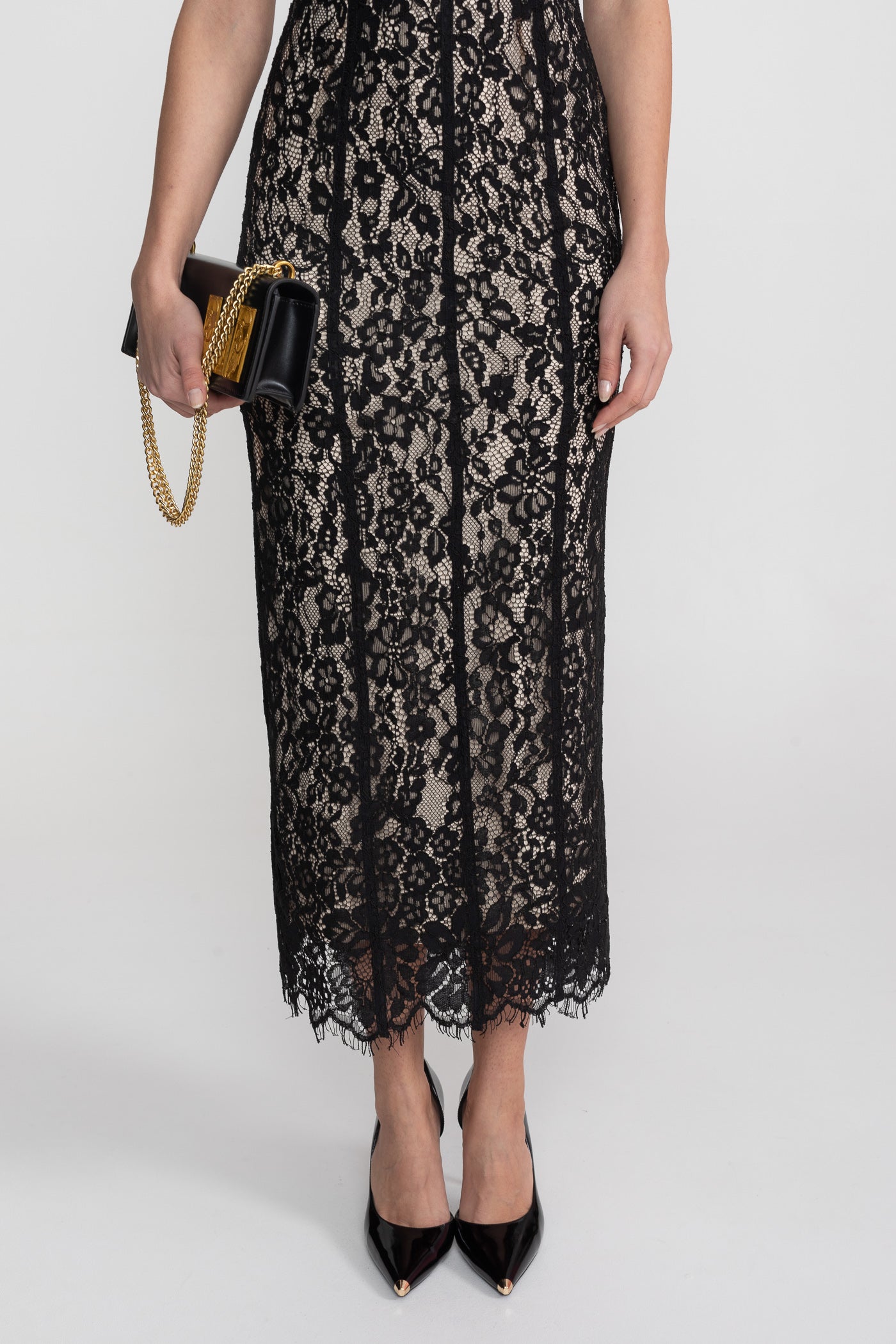 Abito Midi in Pizzo con Corsetto Trasparente - Nero