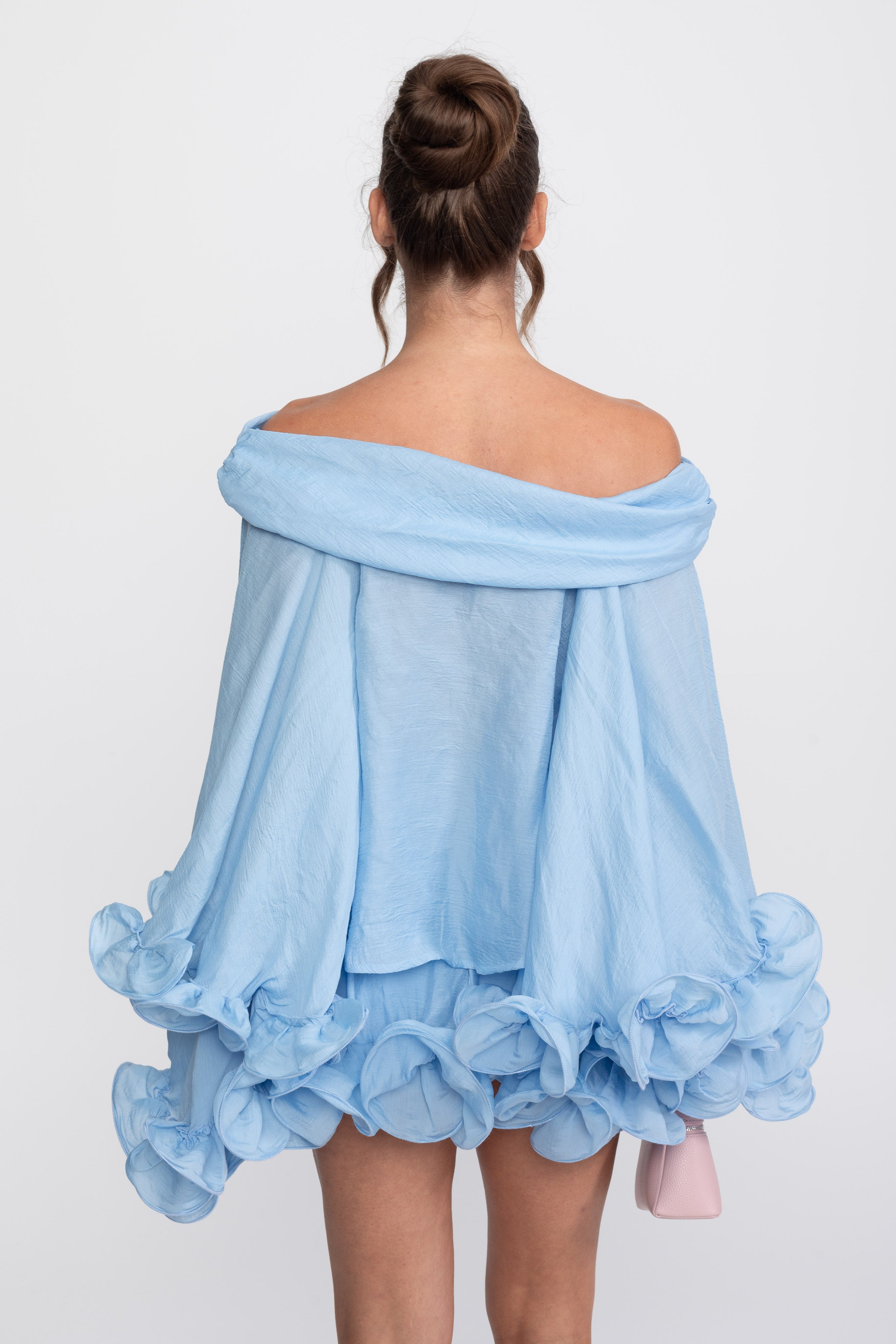 Off-Shoulder Ruffle Hem Mini Dress With Long Sleeves - Light Blue