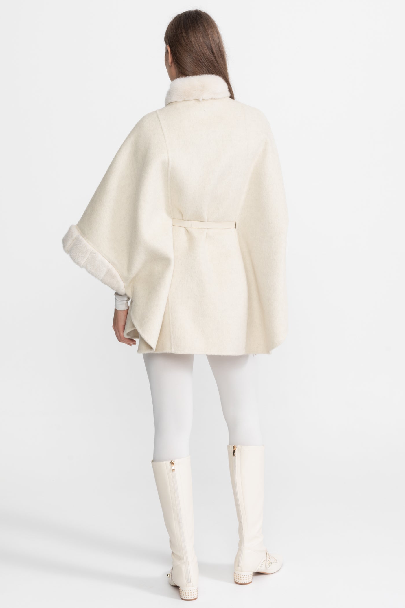 Wool Blend Cape Coat with Sable Fur Trim – Ivoire