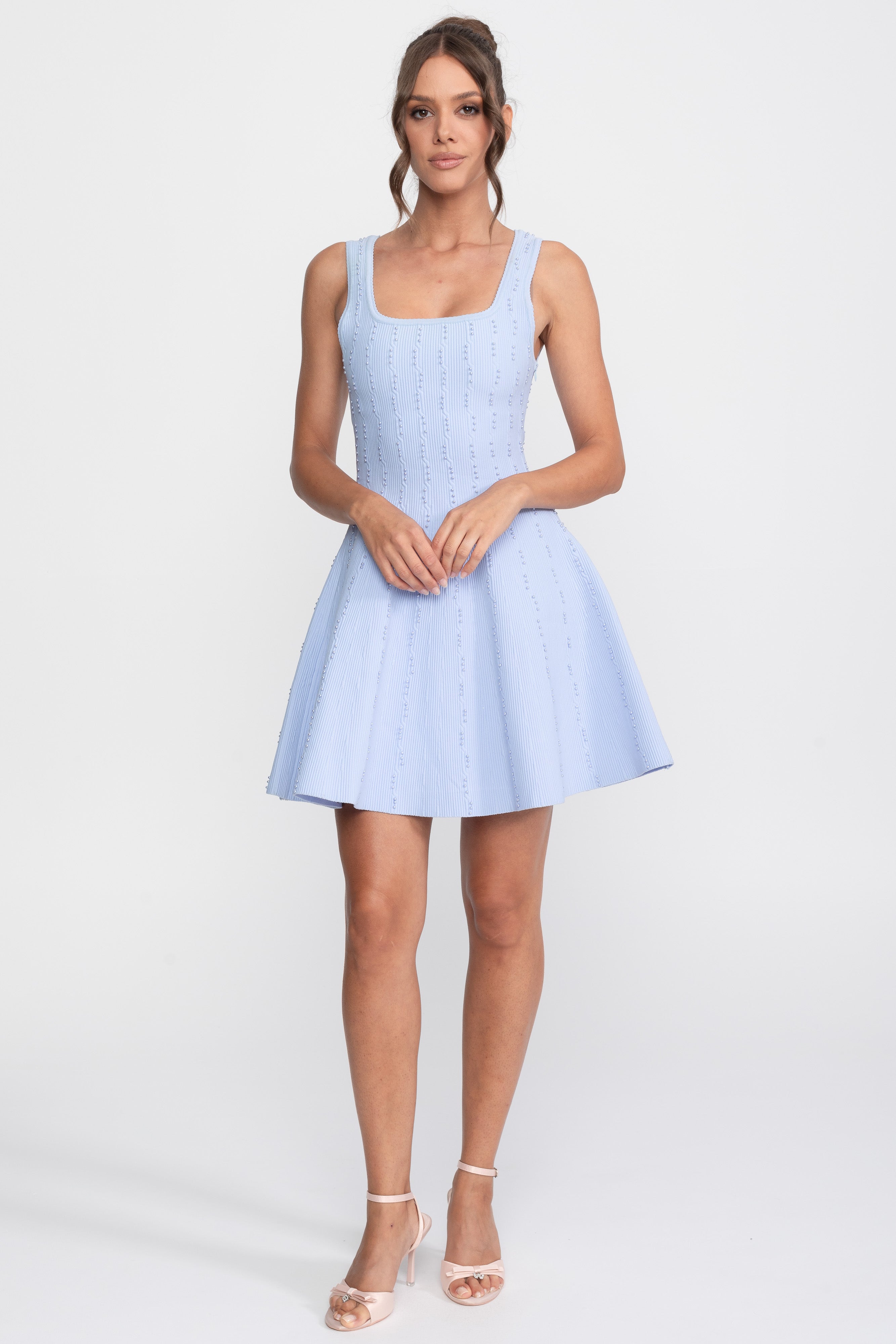 Pearl Beaded Ribbed Mini Dress With Square Neck - Light Blue