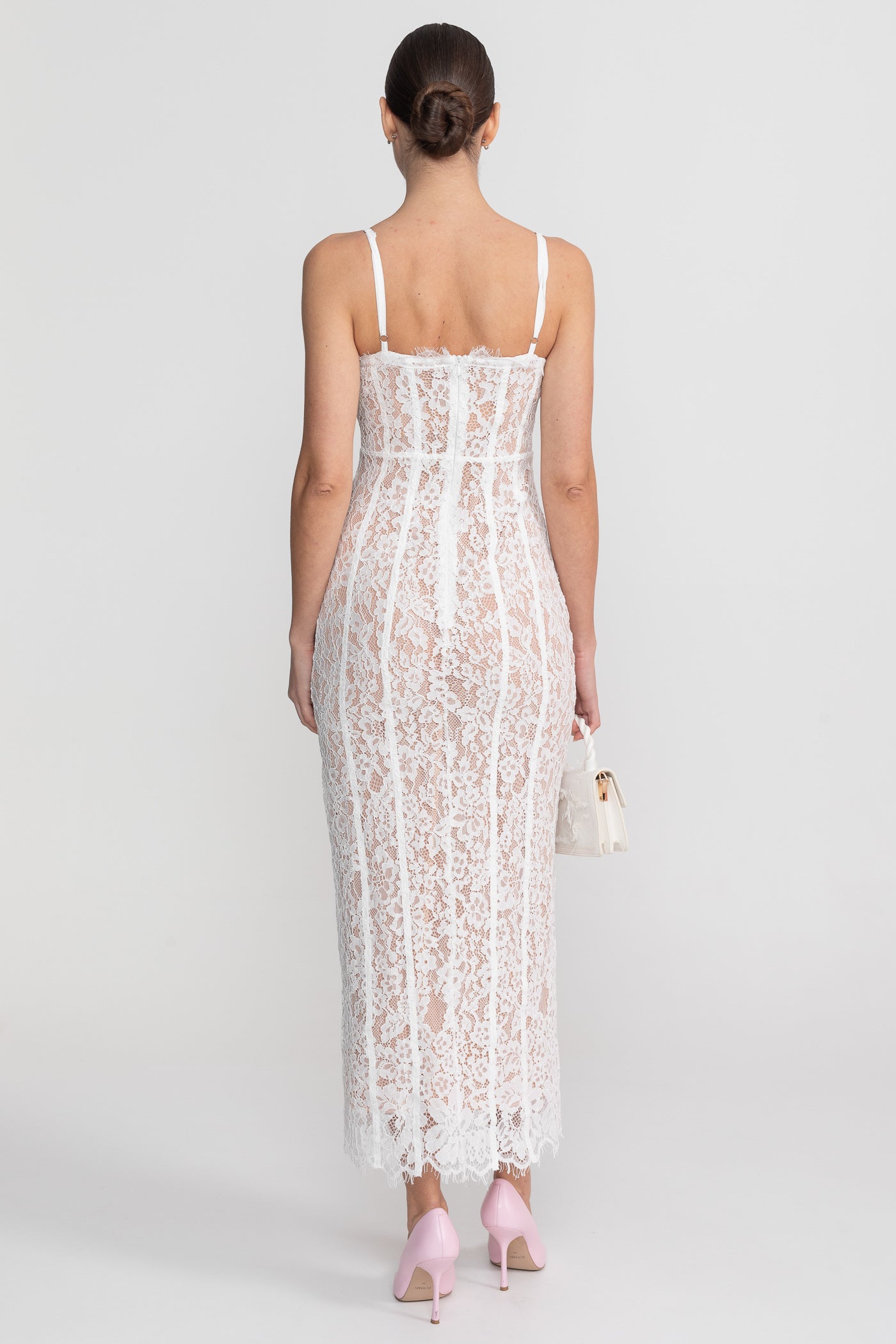 Abito Midi in Pizzo con Corsetto Trasparente - Bianco
