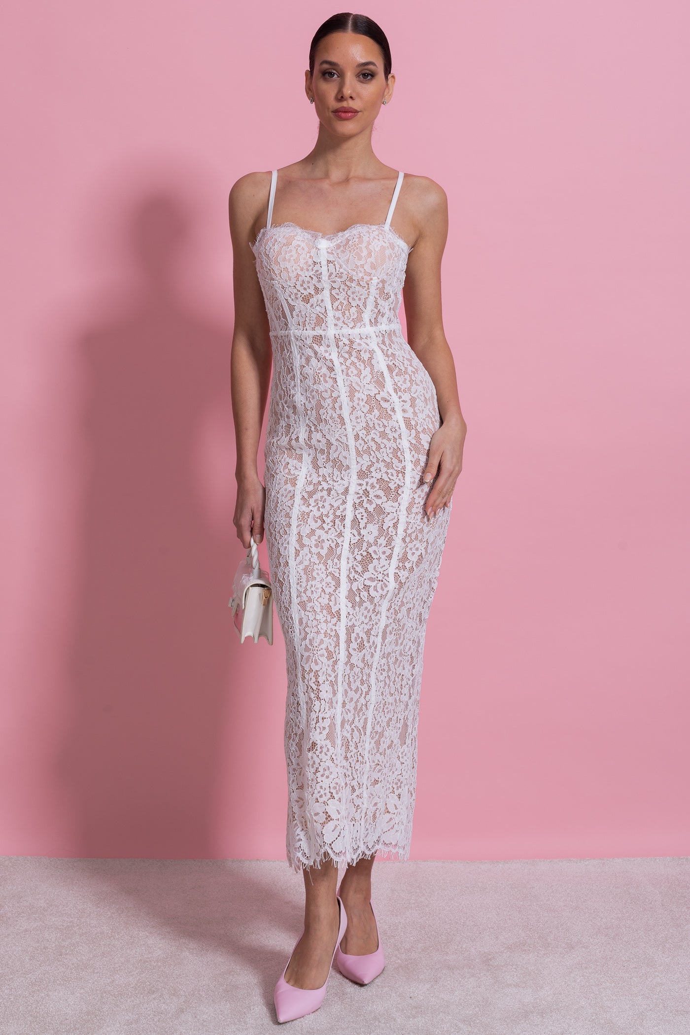 Abito Midi in Pizzo con Corsetto Trasparente - Bianco