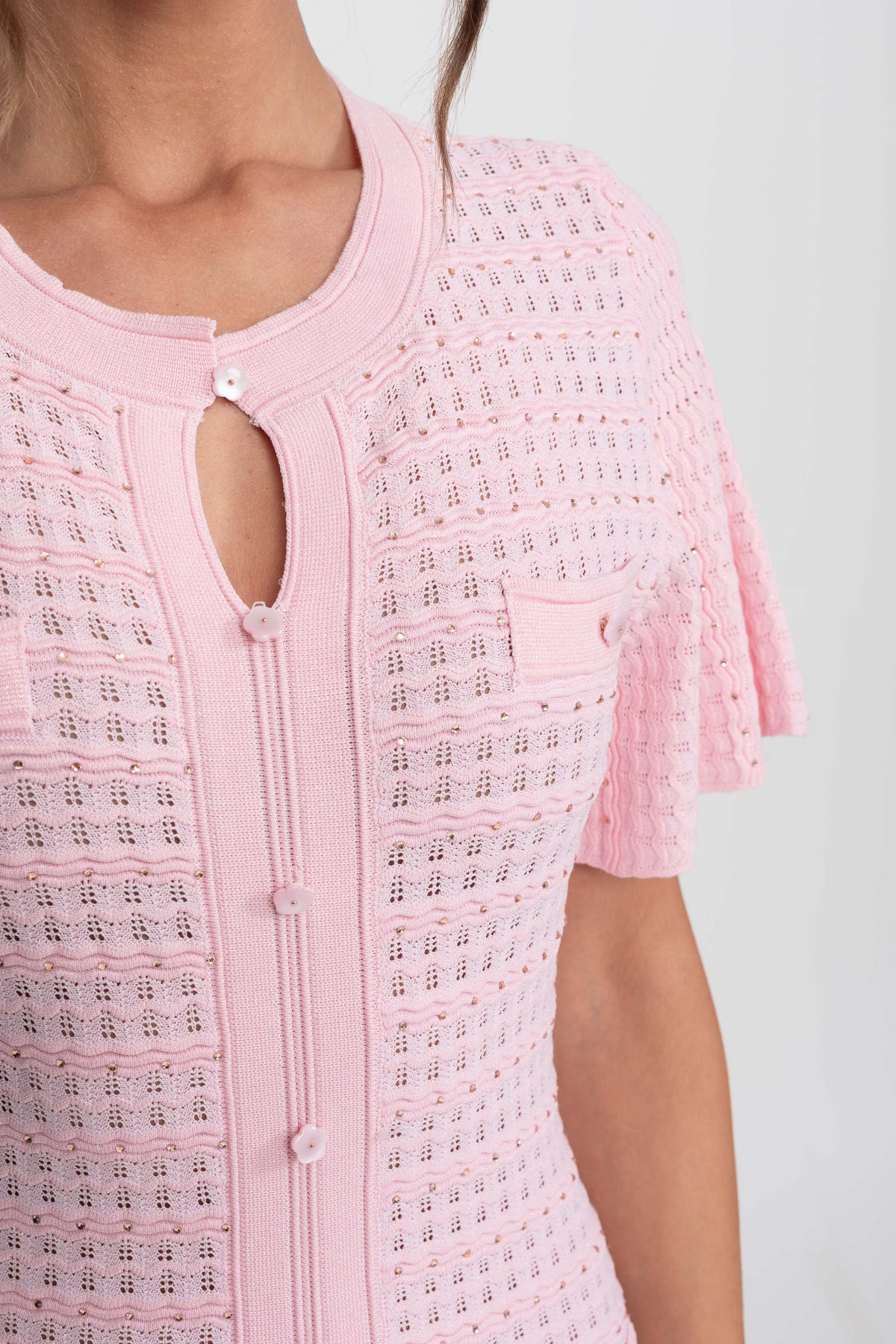 Abito midi a maniche corte con texture in maglia shimmer - Rosa