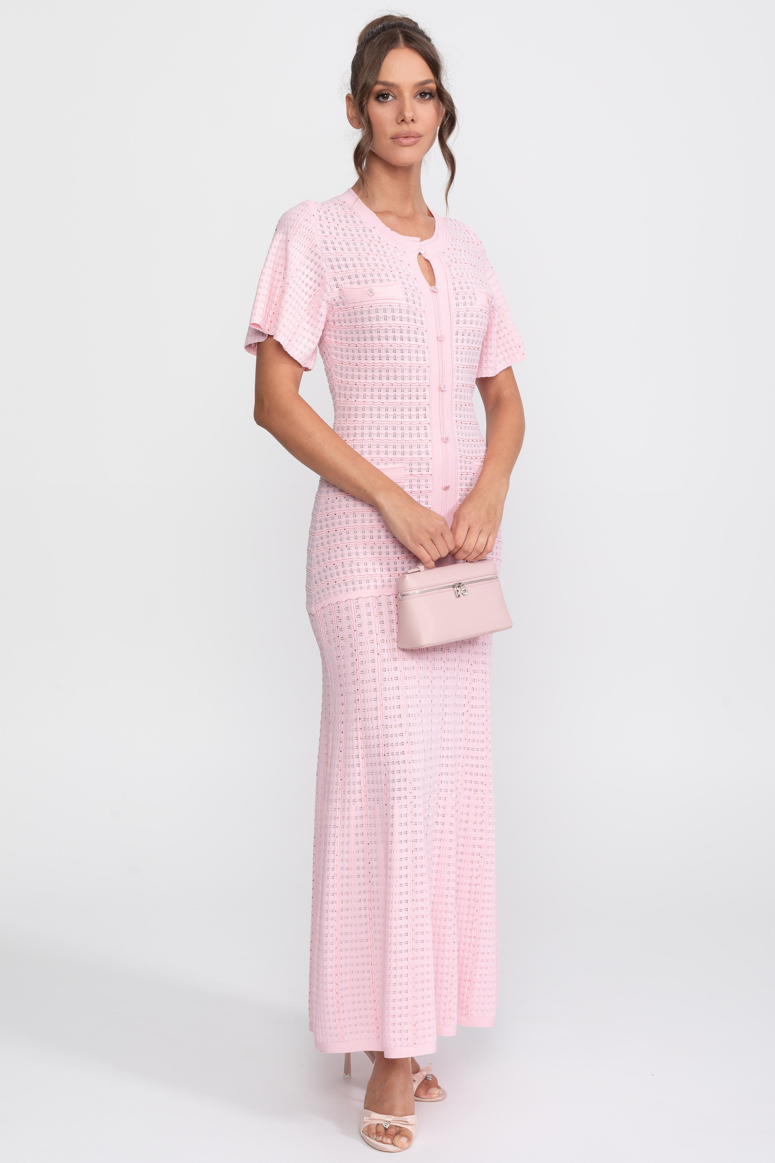 Abito midi a maniche corte con texture in maglia shimmer - Rosa