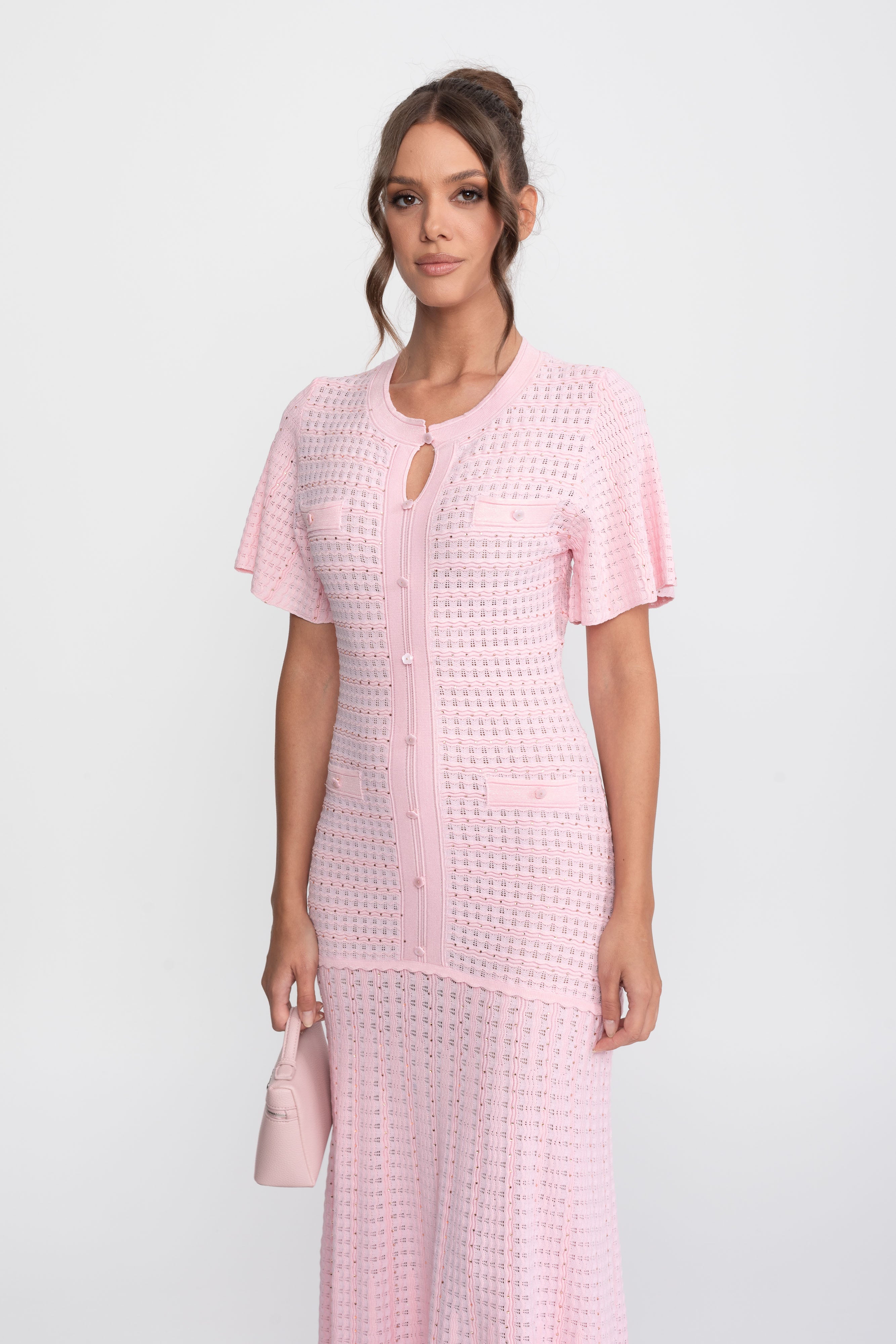 Abito midi a maniche corte con texture in maglia shimmer - Rosa