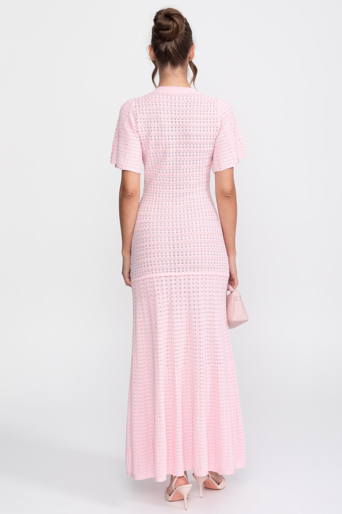 Abito midi a maniche corte con texture in maglia shimmer - Rosa